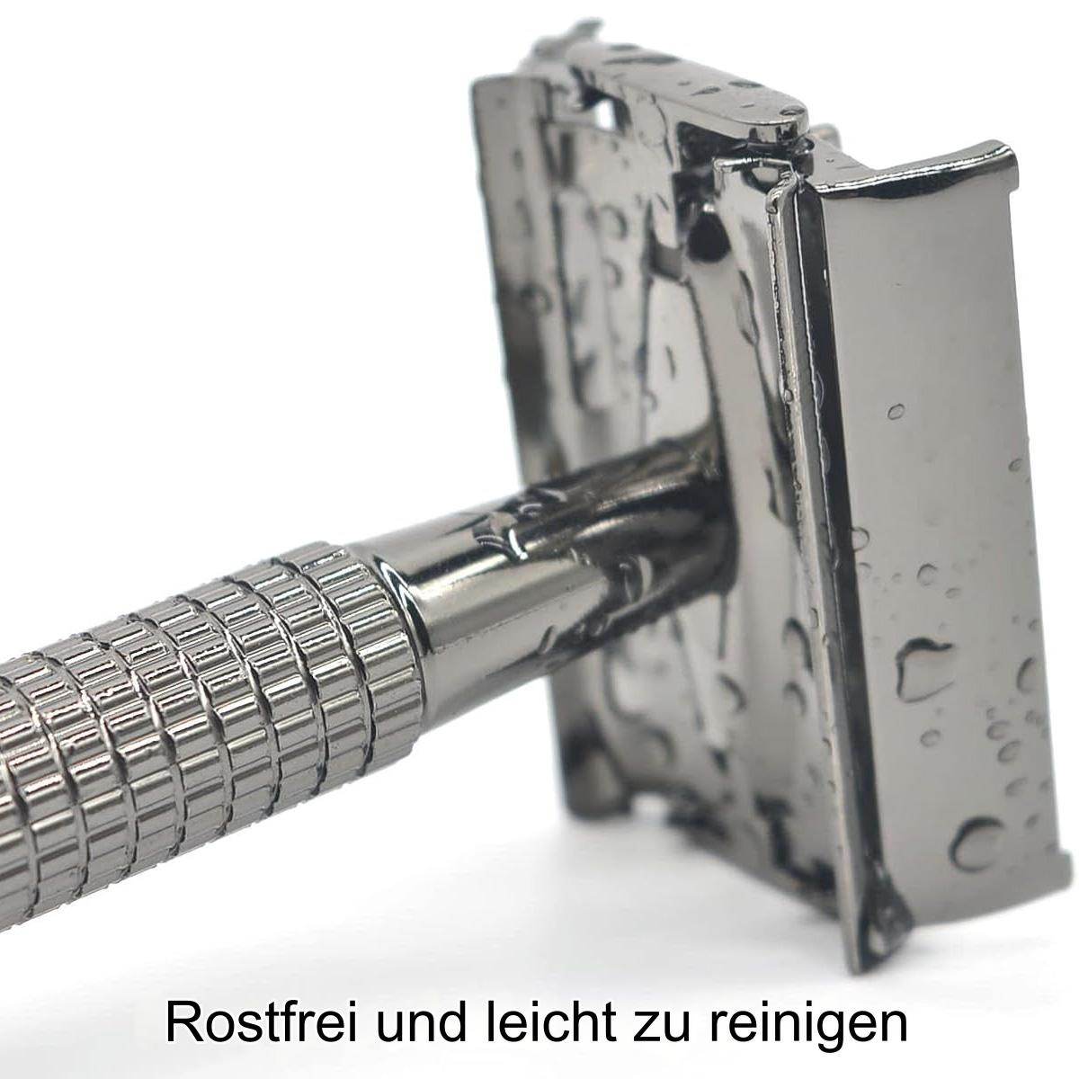 Glänzender, silberner Rasierhobel. Der Text unten lautet: Rostfrei und leicht zu reinigen.