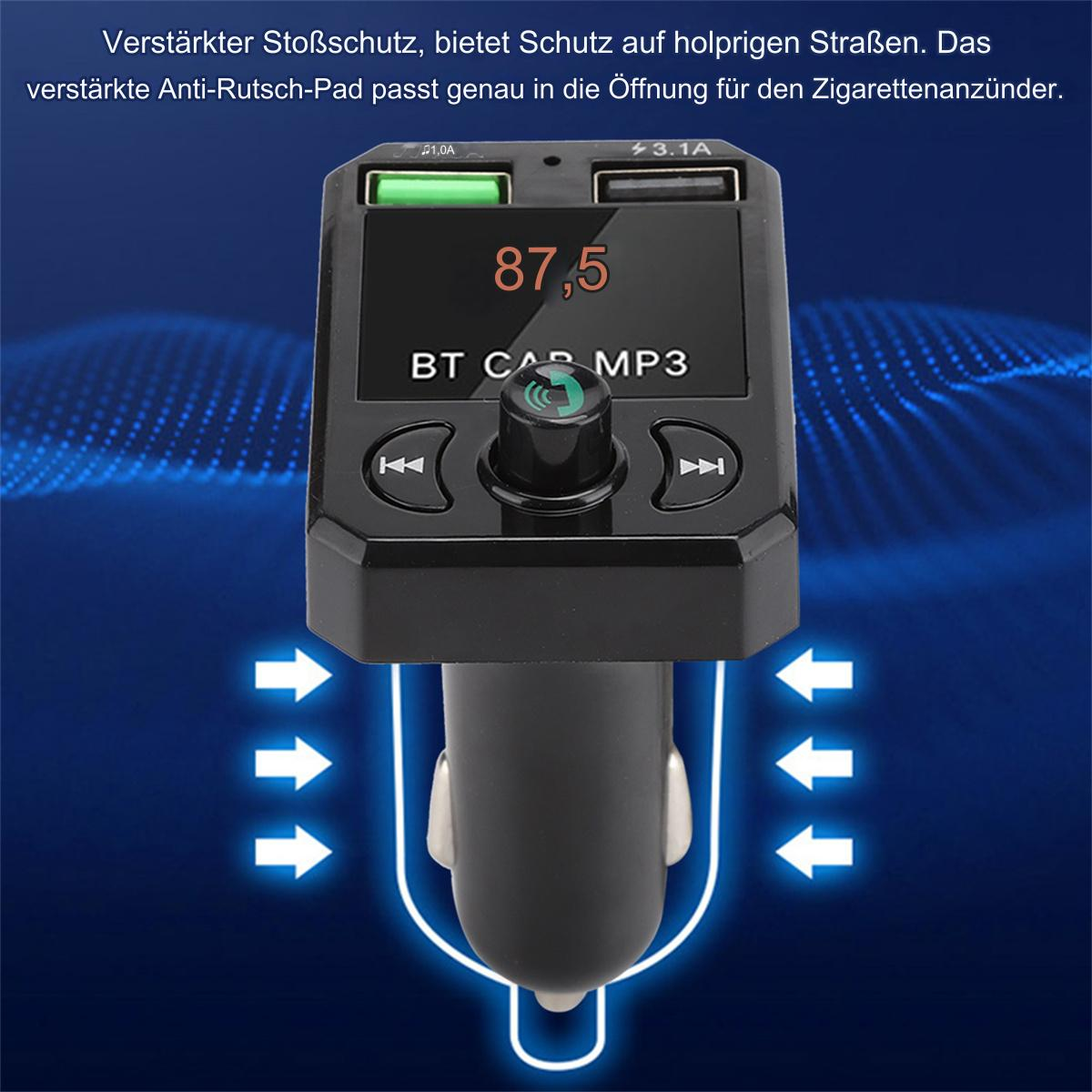 Schwarzer BT-Auto-MP3-Player. Das Gerät zeigt 87,5 an. Es wird an den Zigarettenanzünder angeschlossen.