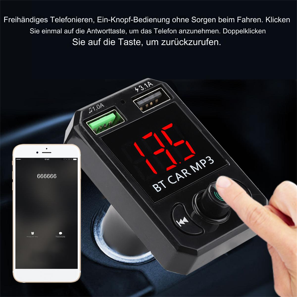 Schwarzer Auto-MP3-Player mit Anzeige und Telefon daneben.