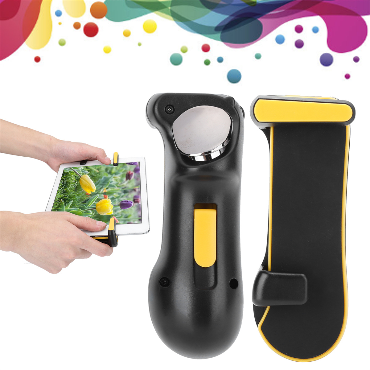 Tablethalter in Schwarz und Gelb, einer in Gebrauch, der ein Tablet hält, der andere zeigt seine Seite.