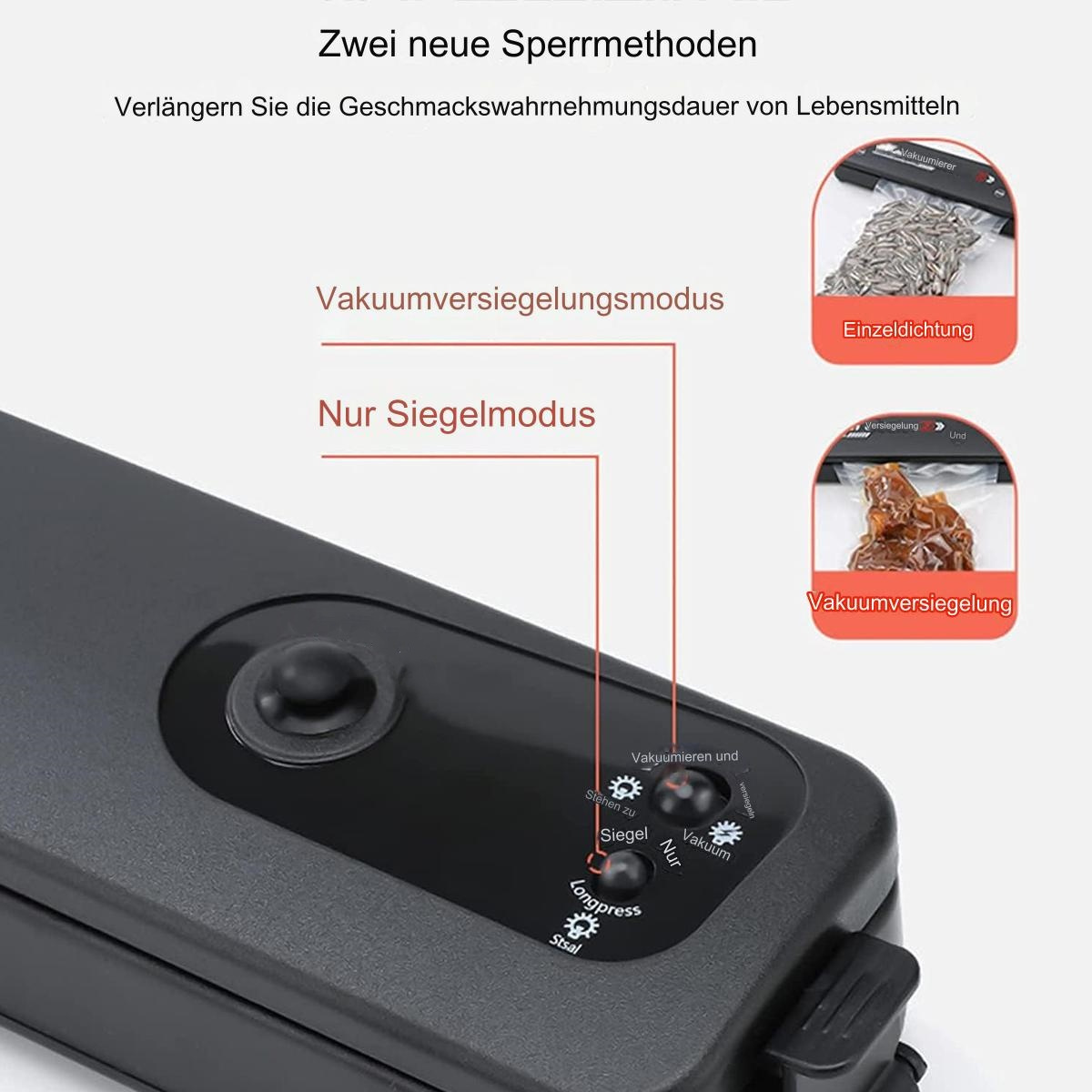 Schwarzes Vakuumiergerät mit Knöpfen, Versiegelungs- und Vakuummodi. Zwei versiegelte Beutel werden angezeigt.