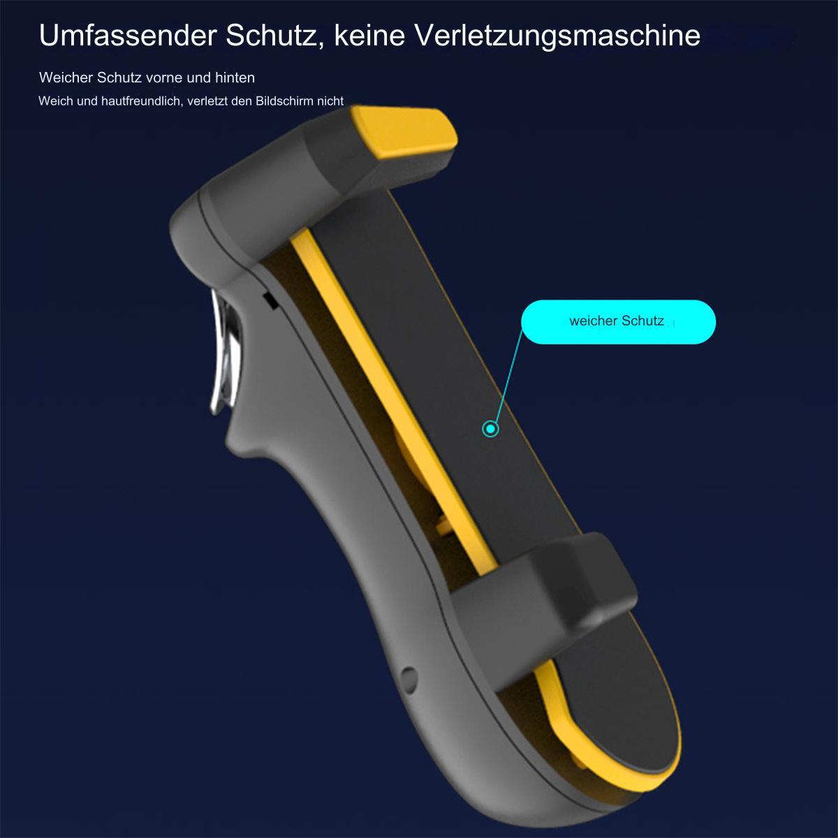 Ein schwarzer Handygriff zum Spielen mit gelben Akzenten auf dunkelblauem Hintergrund, mit Text.