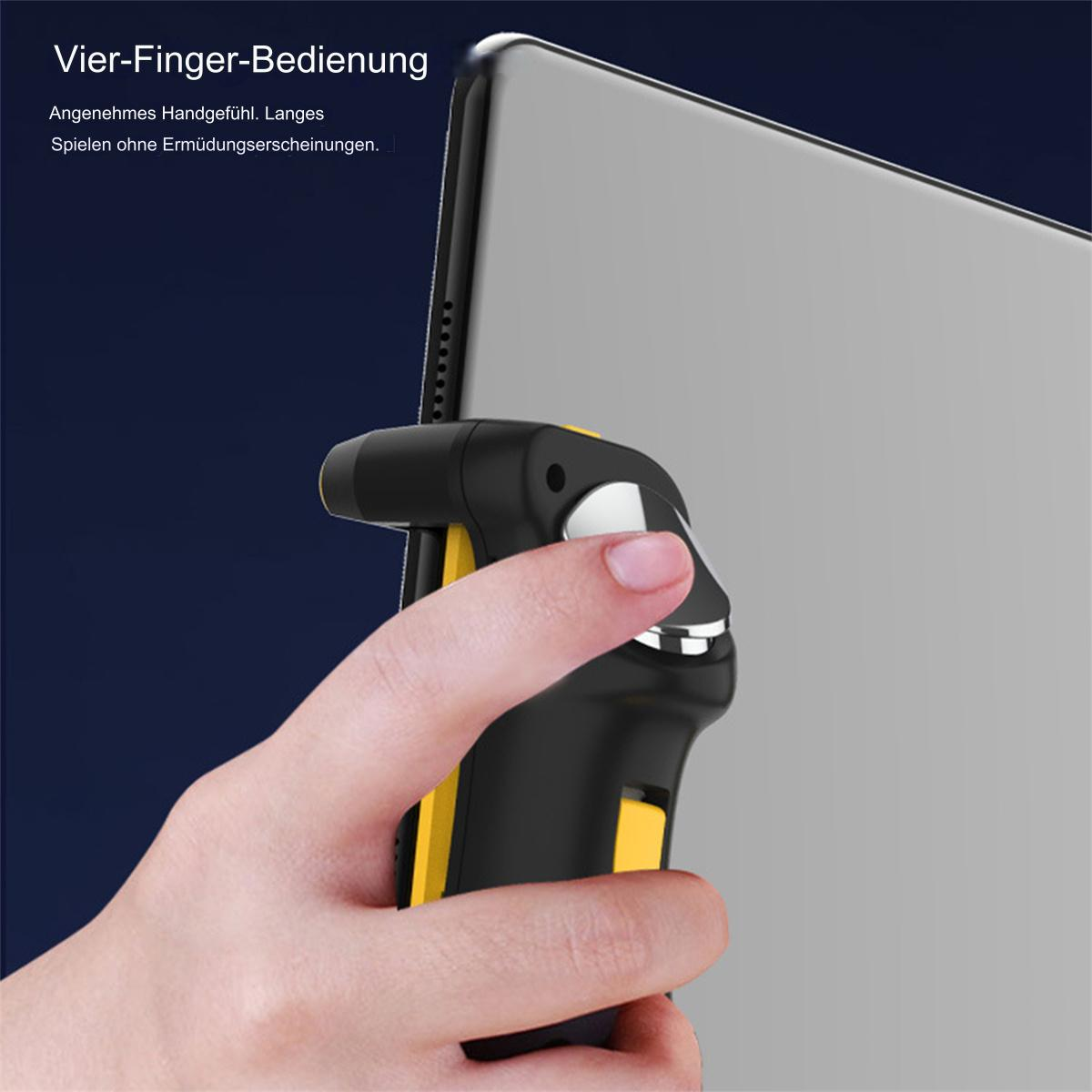 Eine Hand hält einen schwarz-gelben Gamecontroller vor einem Tablet. Der Tablet-Bildschirm ist leer.