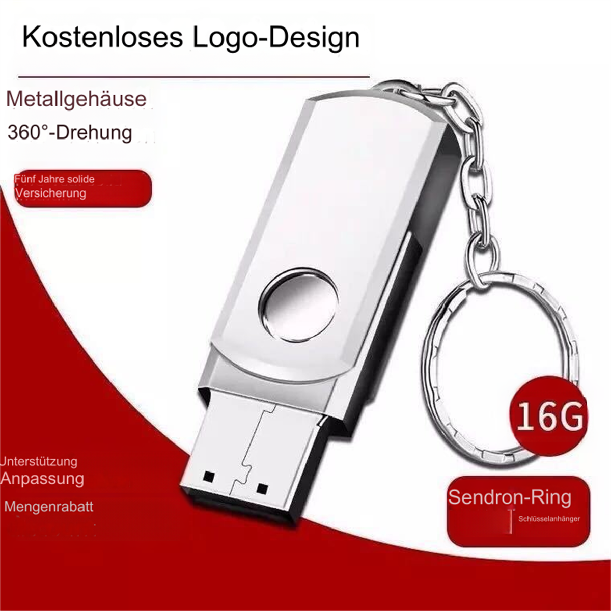 Silberner USB-Stick mit Schlüsselanhänger, Text, der 16 GB Kapazität anzeigt, und Produktdetails.