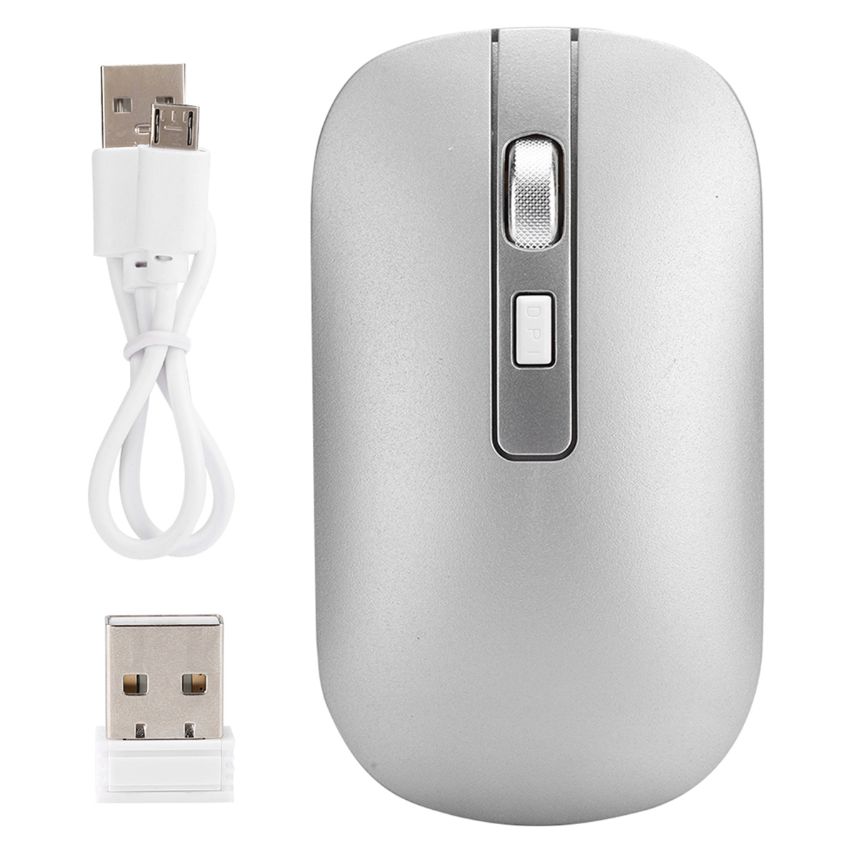 Eine silberne kabellose Maus mit einem USB-Empfänger und einem USB-Ladekabel. Sie hat ein Scrollrad und eine DPI-Taste.