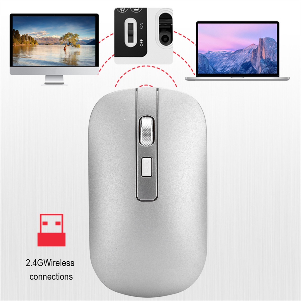 Kabellose Maus mit 2,4G-Verbindung, angezeigt mit Monitor, Laptop und einem Ladeanschluss-Symbol.
