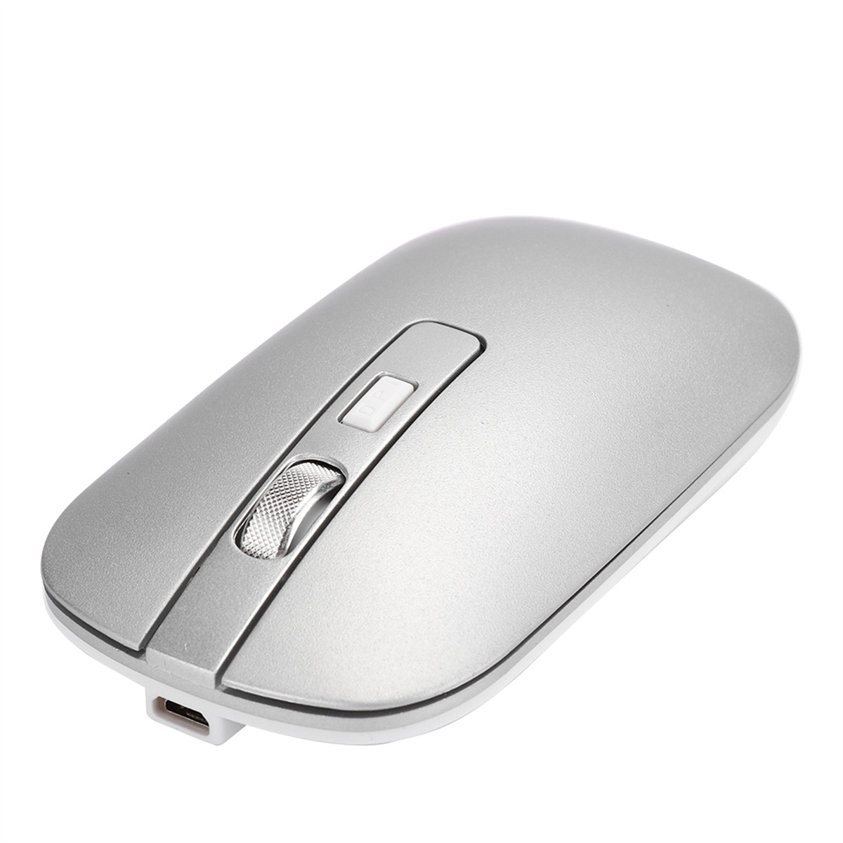 Silberfarbene Computermaus mit Scrollrad und USB-C-Anschluss. Sie hat ein schlichtes, glattes Design.