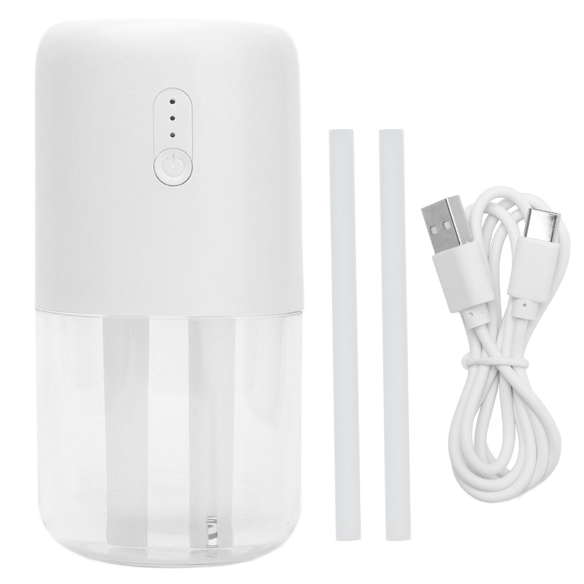 Weißer Luftbefeuchter mit Ein-/Ausschalter und drei Lichtern. Enthält zwei Stäbe und ein USB-Kabel.