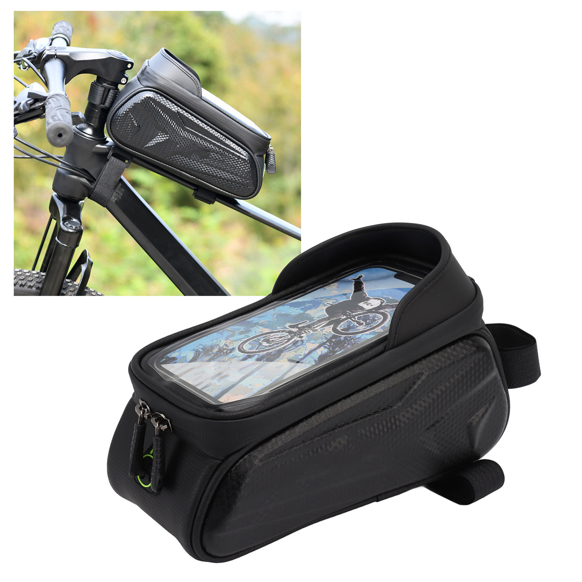 Schwarze Fahrradtasche mit durchsichtigem Oberteil zur Telefonanzeige, an Lenker und Rahmen befestigt.