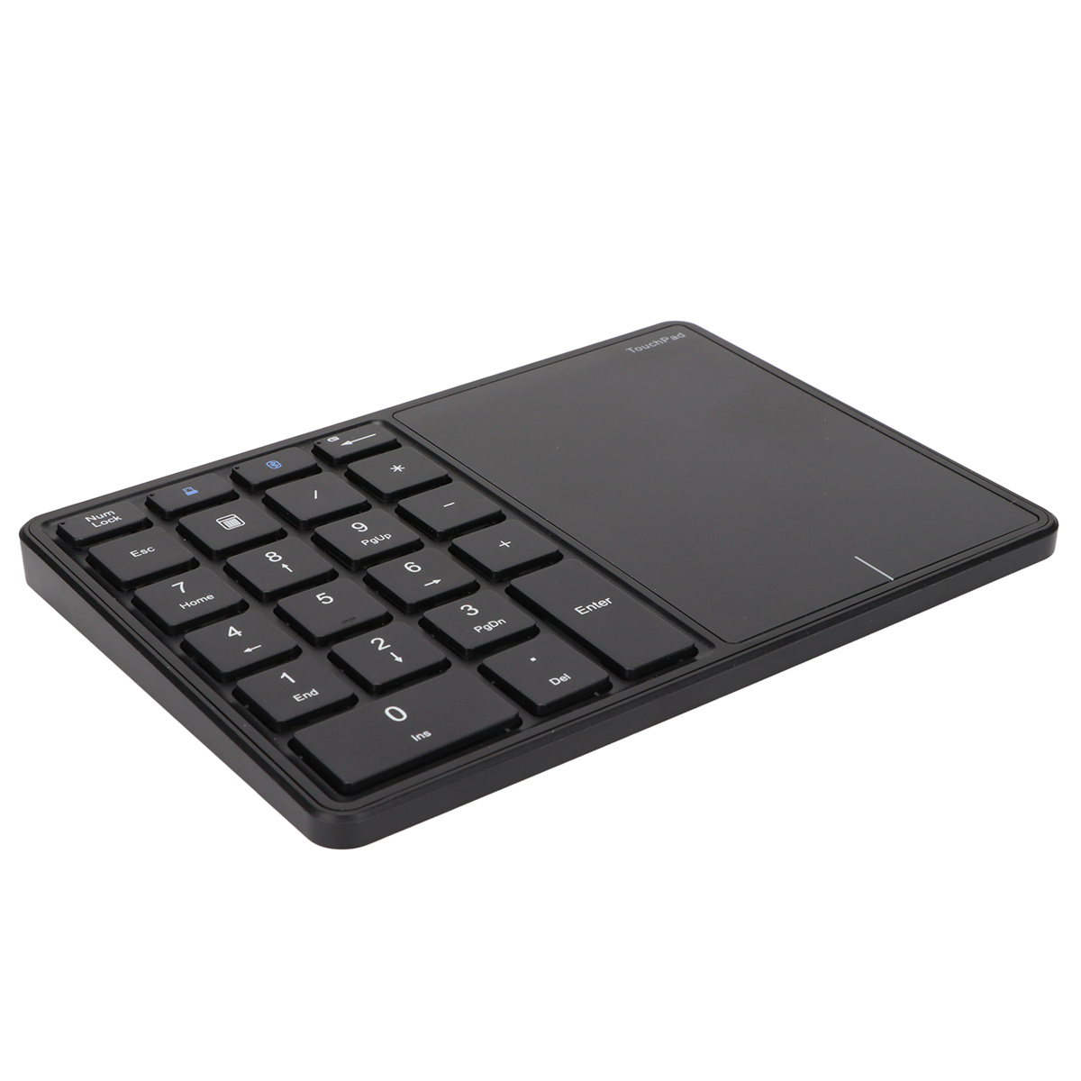 Schwarzer Nummernblock mit Touchpad. Es hat Zahlen- und Funktionstasten.