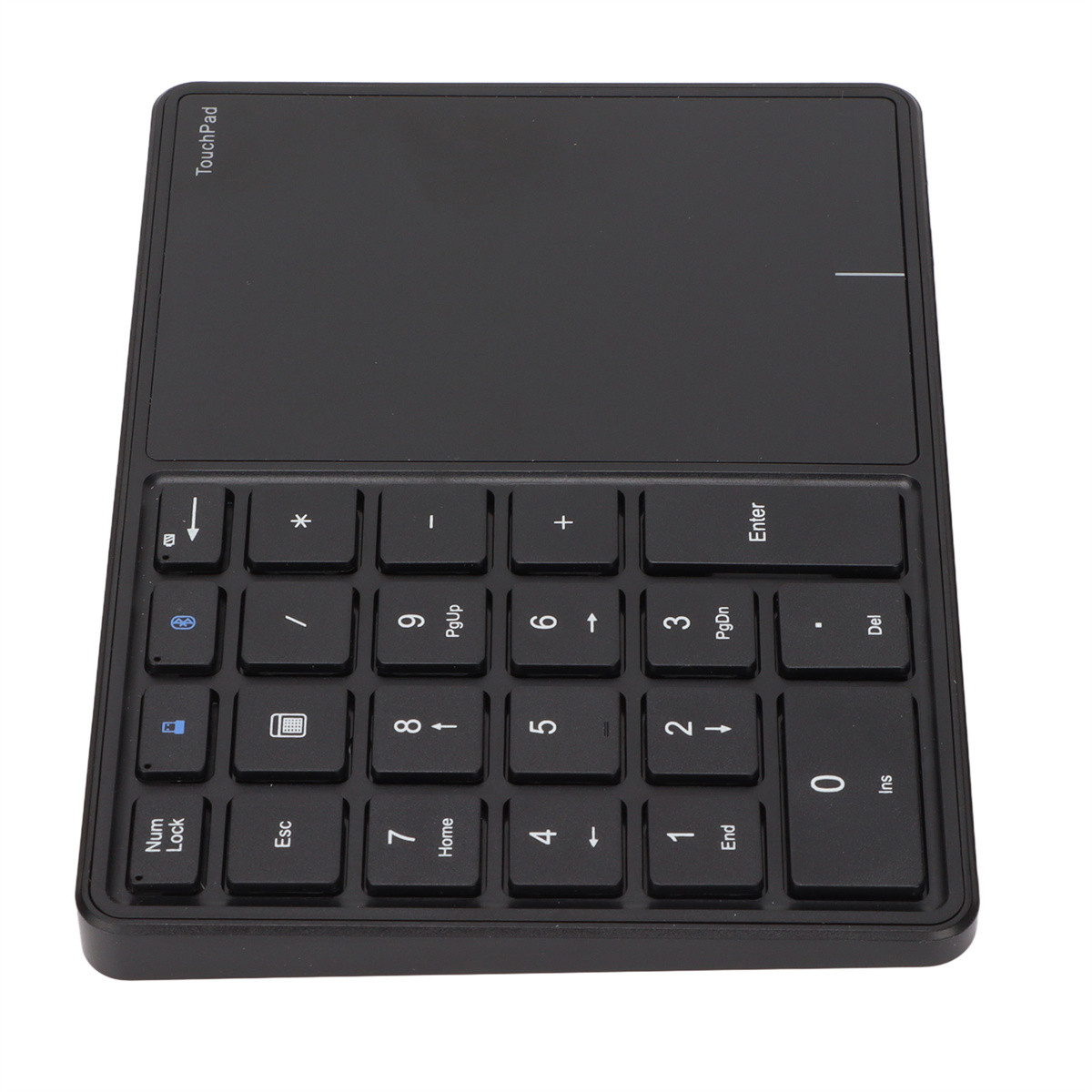 Schwarzes Nummernfeld mit Touchpad. Tasten umfassen Zahlen, Symbole und Funktionstasten. Touchpad oben.