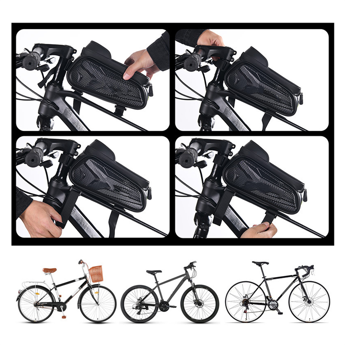 Vier Bilder, die die Montage einer schwarzen Fahrradrahmentasche an verschiedenen Fahrradtypen zeigen.