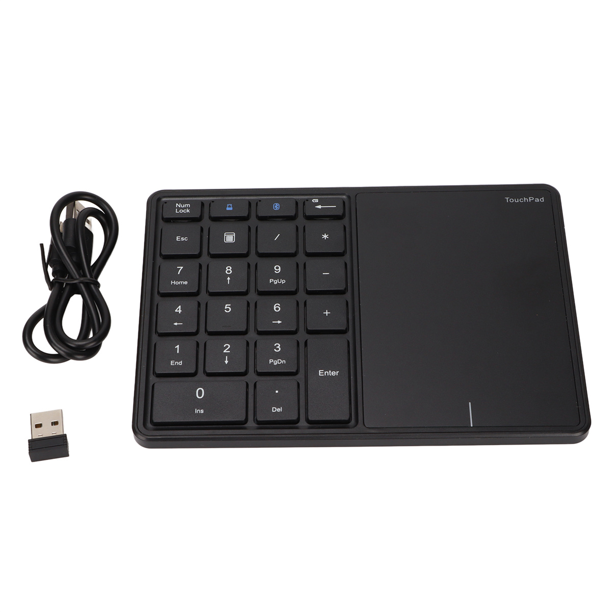 Schwarzer Nummernblock mit Touchpad und USB-Empfänger mit Kabel.