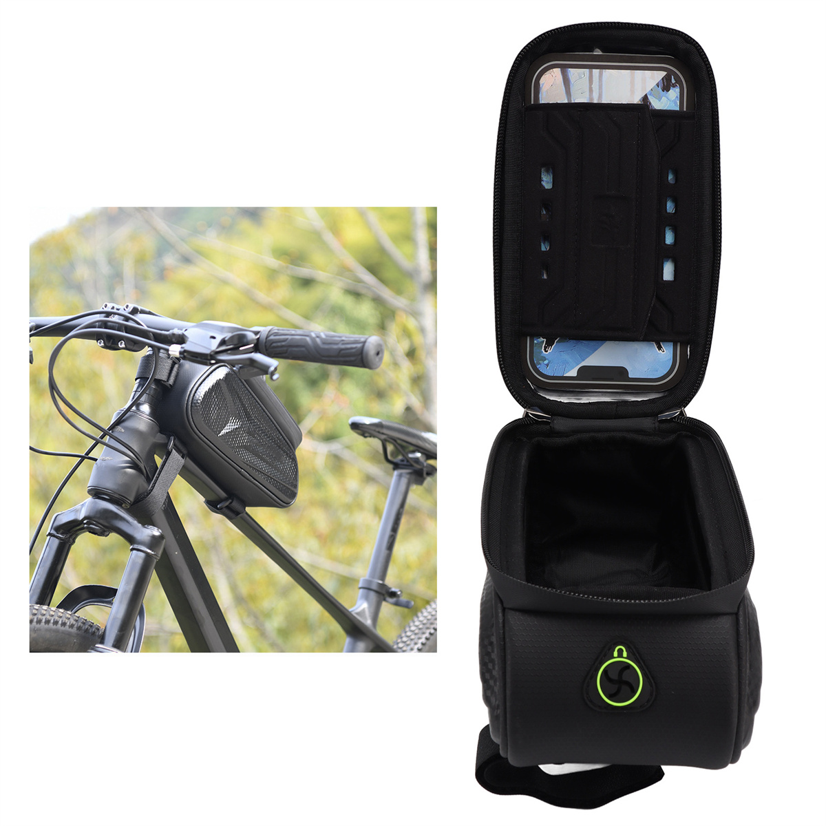 Schwarze Fahrradrahmentasche mit einem darin sichtbaren Telefon. Das Fahrrad ist draußen.