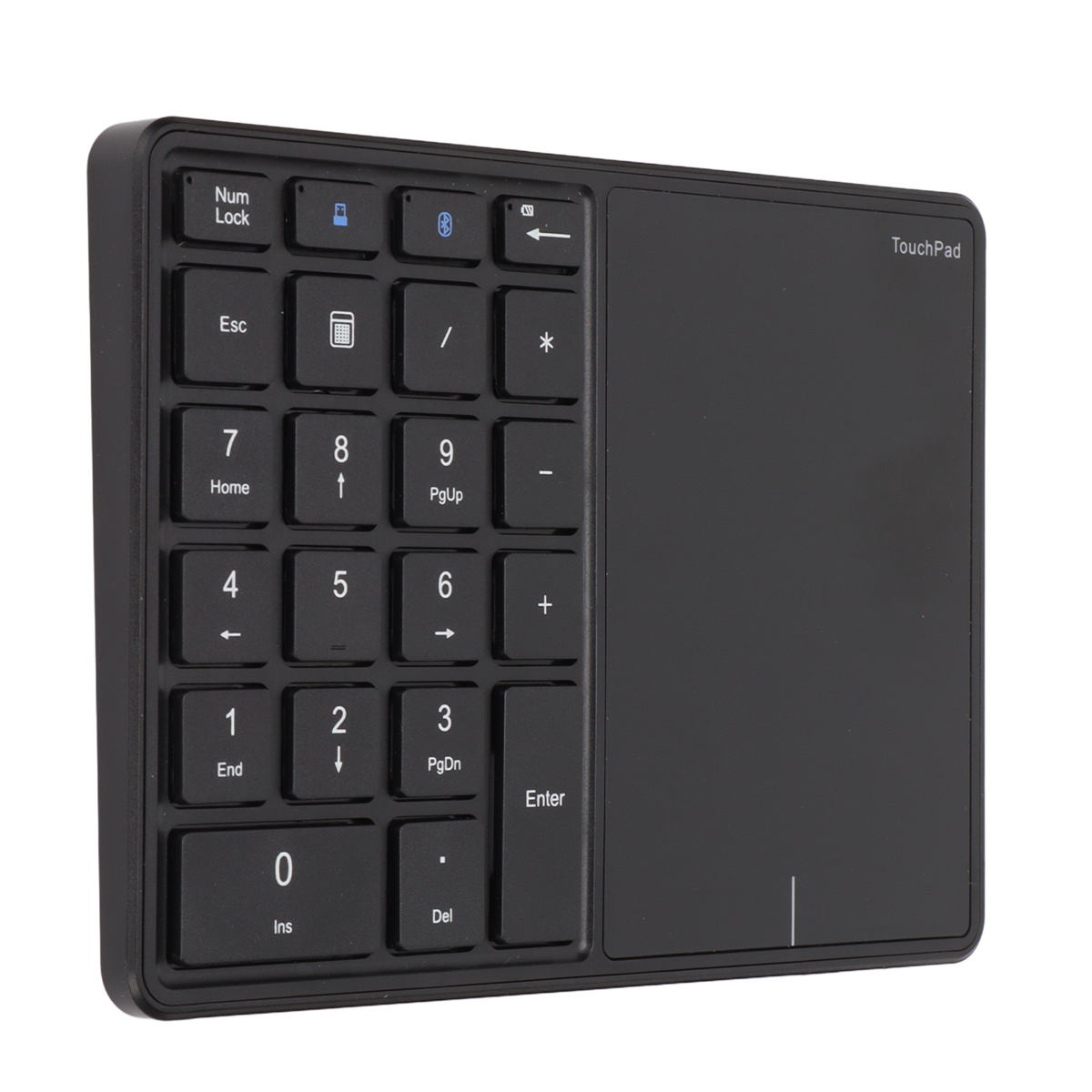 Schwarzer numerischer Tastenblock mit Touchpad, mit Zahlen und Funktionstasten. Isoliert auf weißem Hintergrund.