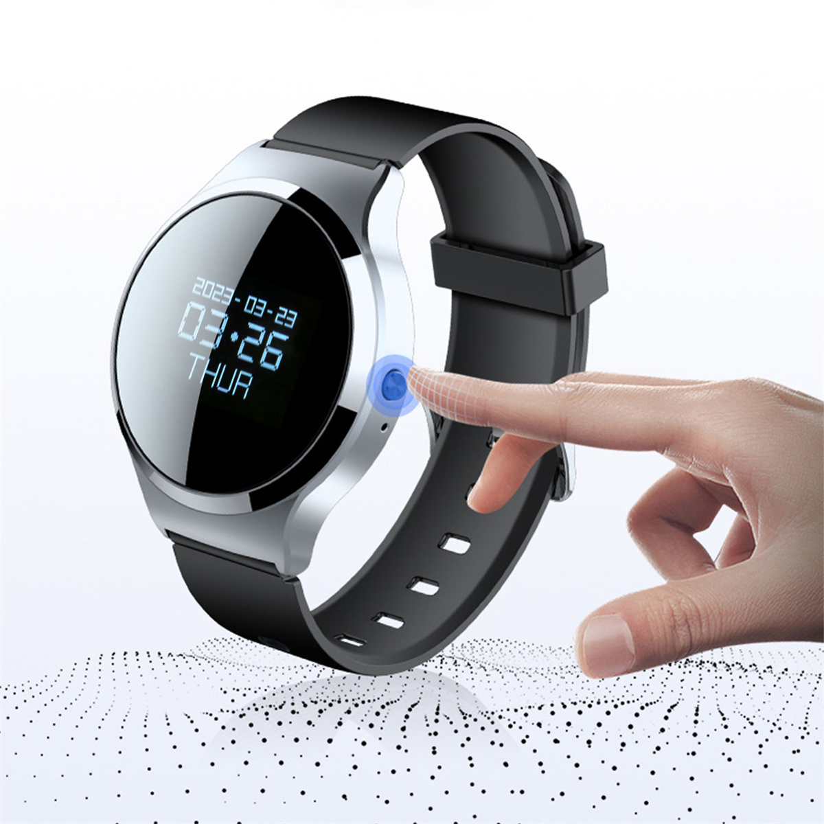 Eine schwarze Smartwatch mit Touchscreen, der Datum und Uhrzeit anzeigt.