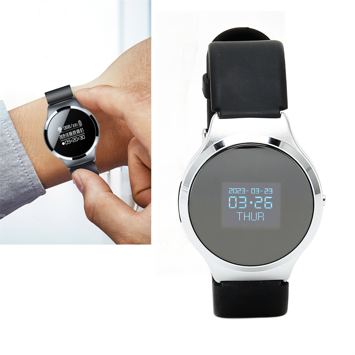 Zwei Bilder einer silbernen Smartwatch mit schwarzem Armband. Eines am Handgelenk.
