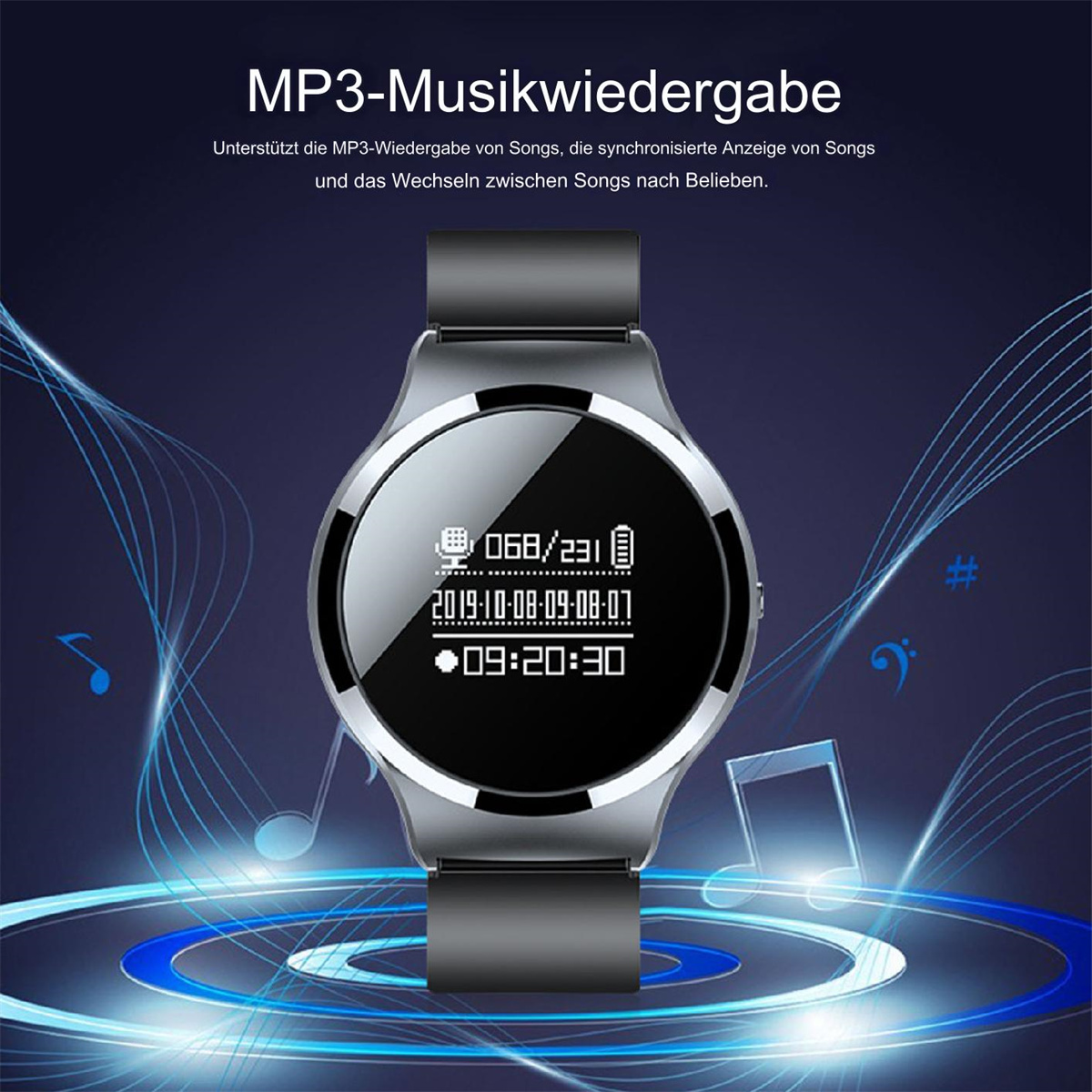 Smartwatch, die Zeit und Musiksteuerungen anzeigt, mit Noten im Hintergrund. Es hat einen schwarzen Bildschirm.