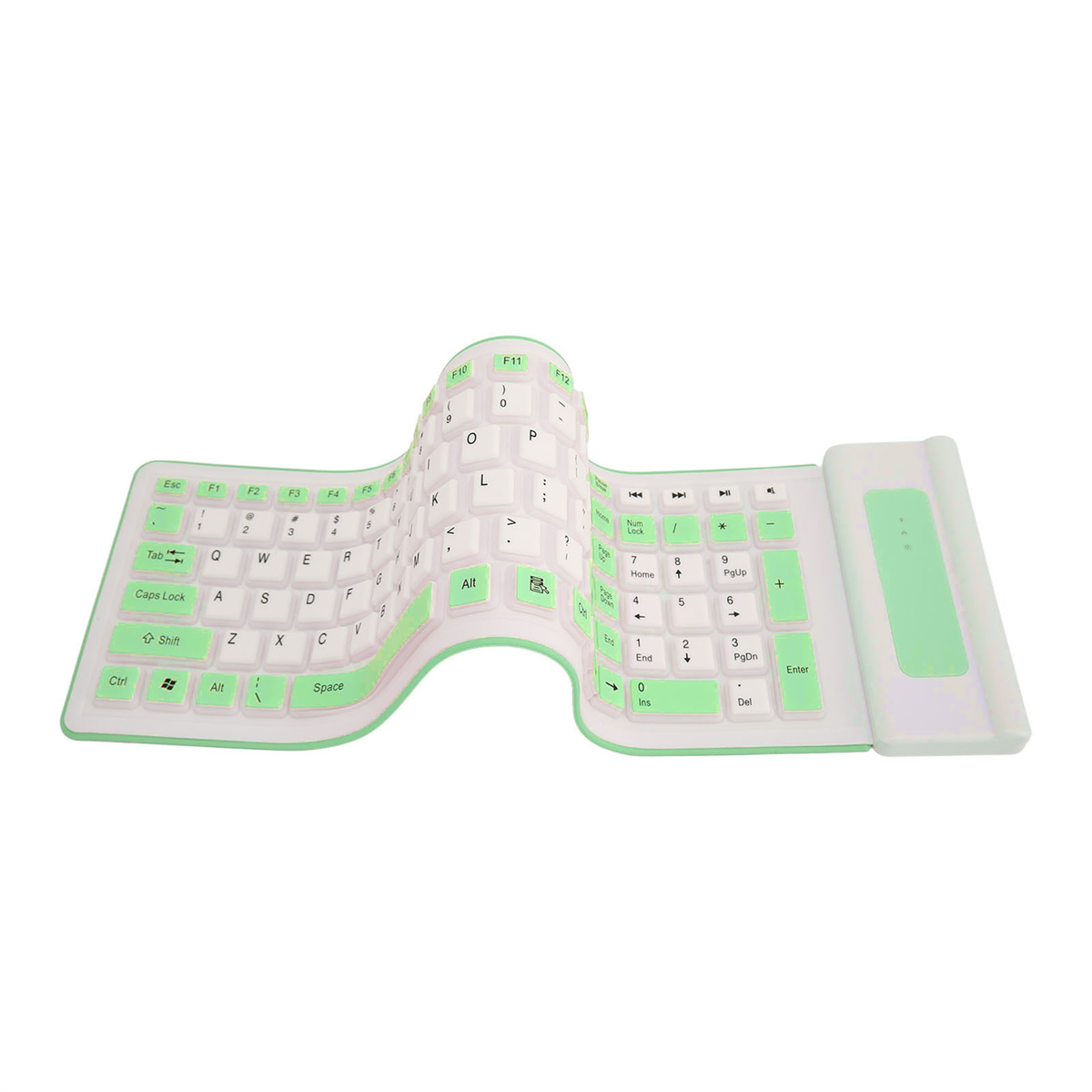 Flexibler grüner und weißer Keyboard. Die Tasten sind weiß. Weißer Hintergrund.