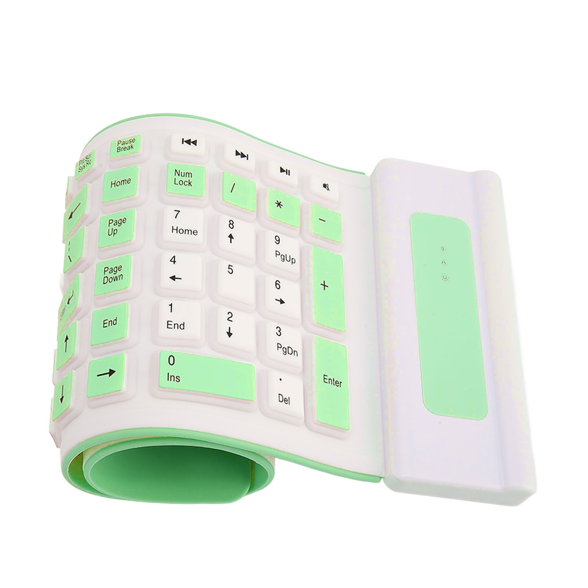 Eine flexible Tastatur, grüne Tasten, zusammengerollt mit weiß-grüner Basis.