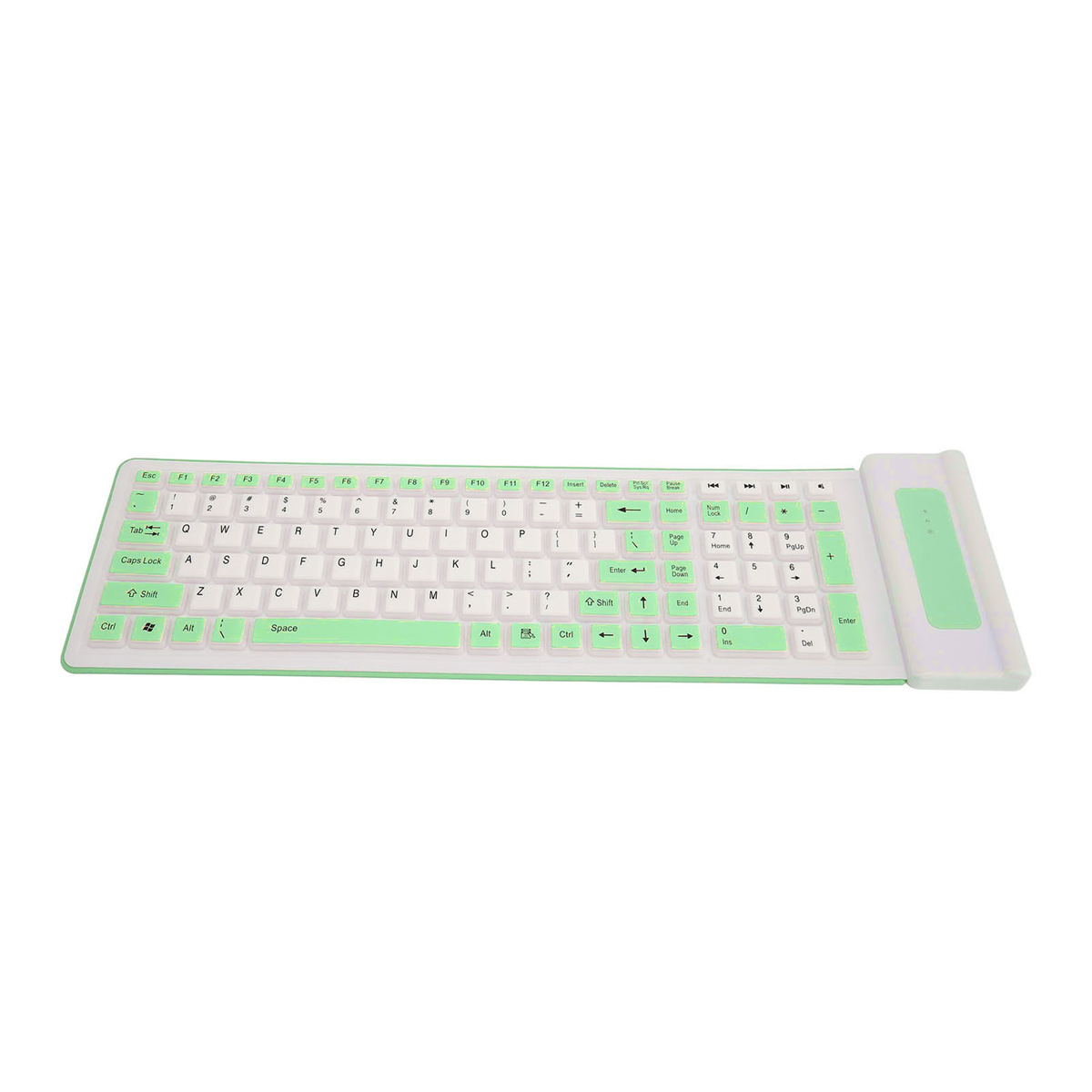 Eine weiße, rollbare Tastatur mit grünen Buchstaben und Symbolen. Der Hintergrund ist weiß.