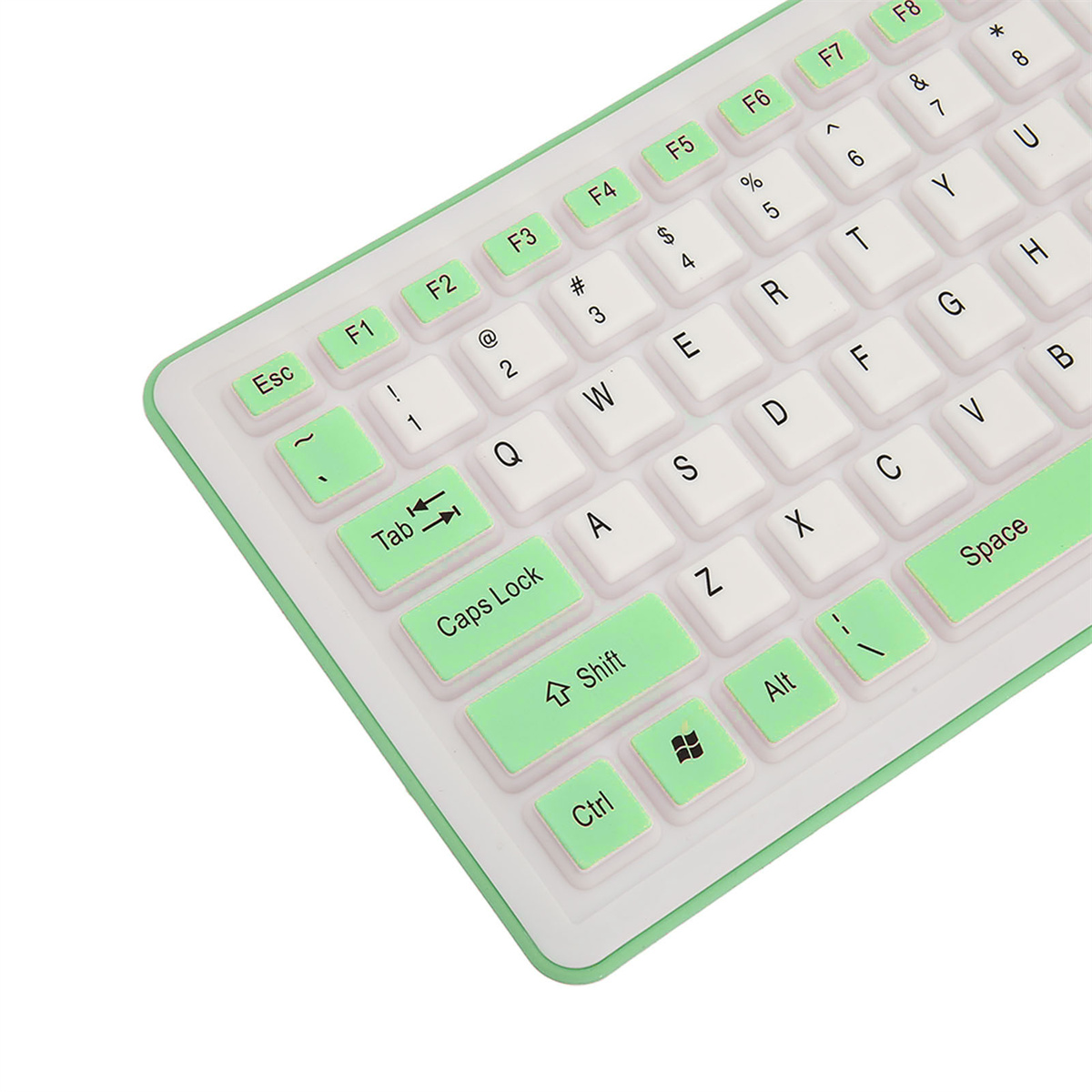 Weiße Tastatur mit grünen Tasten. Buchstaben, Zahlen und Funktionstasten sind sichtbar.