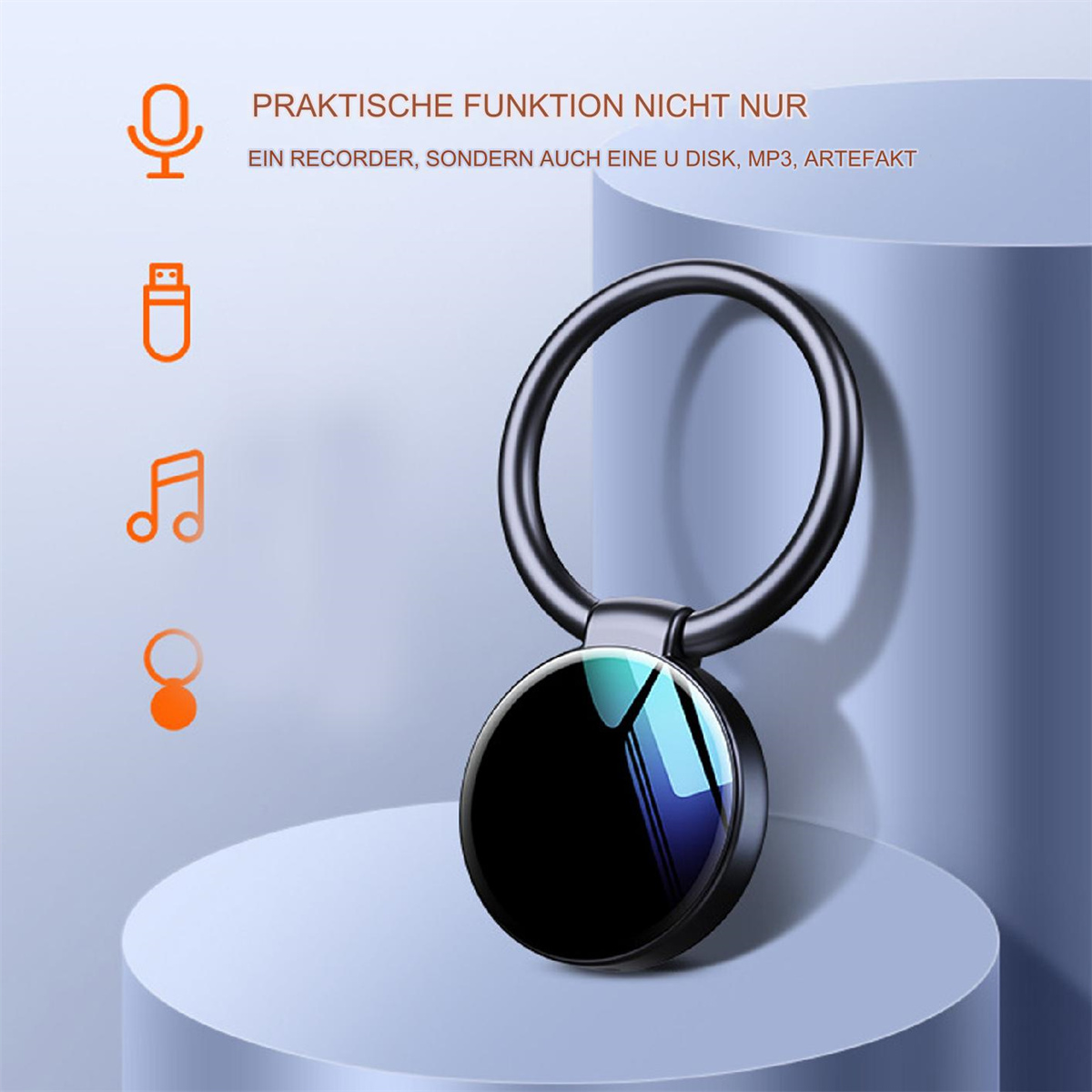 Schwarzes ringförmiges Gerät mit Bildschirm, zeigt Funktionssymbole. Text auf Deutsch. Hat auch Mikrofon- und USB-Symbol.