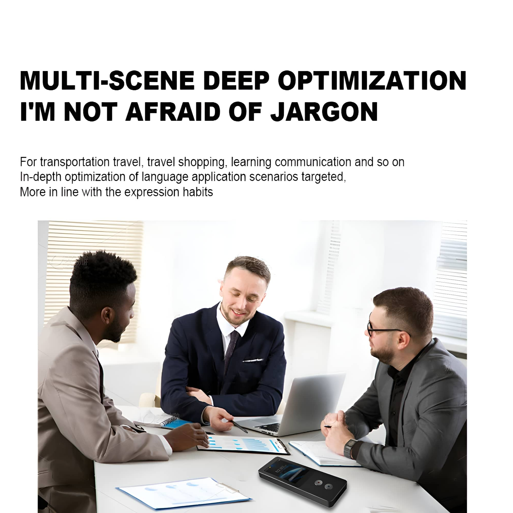 Drei Personen bei einem Treffen, Text über Multi-Szenen-Optimierung und Fachjargon.