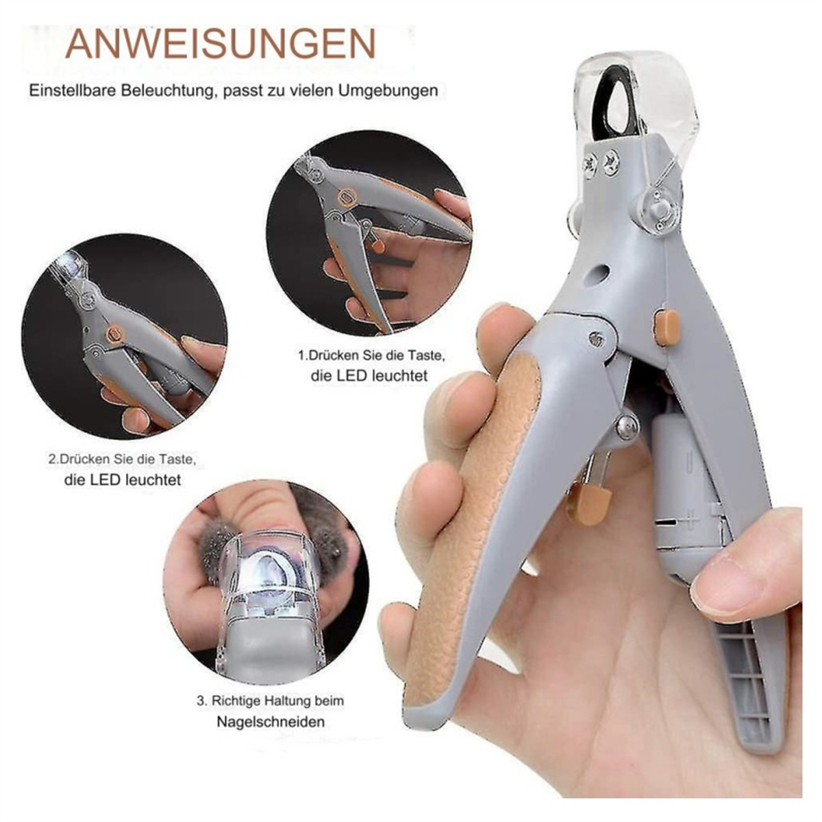 Nagelknipser mit LED-Licht und Anleitungsbildern, auf weißer Oberfläche.