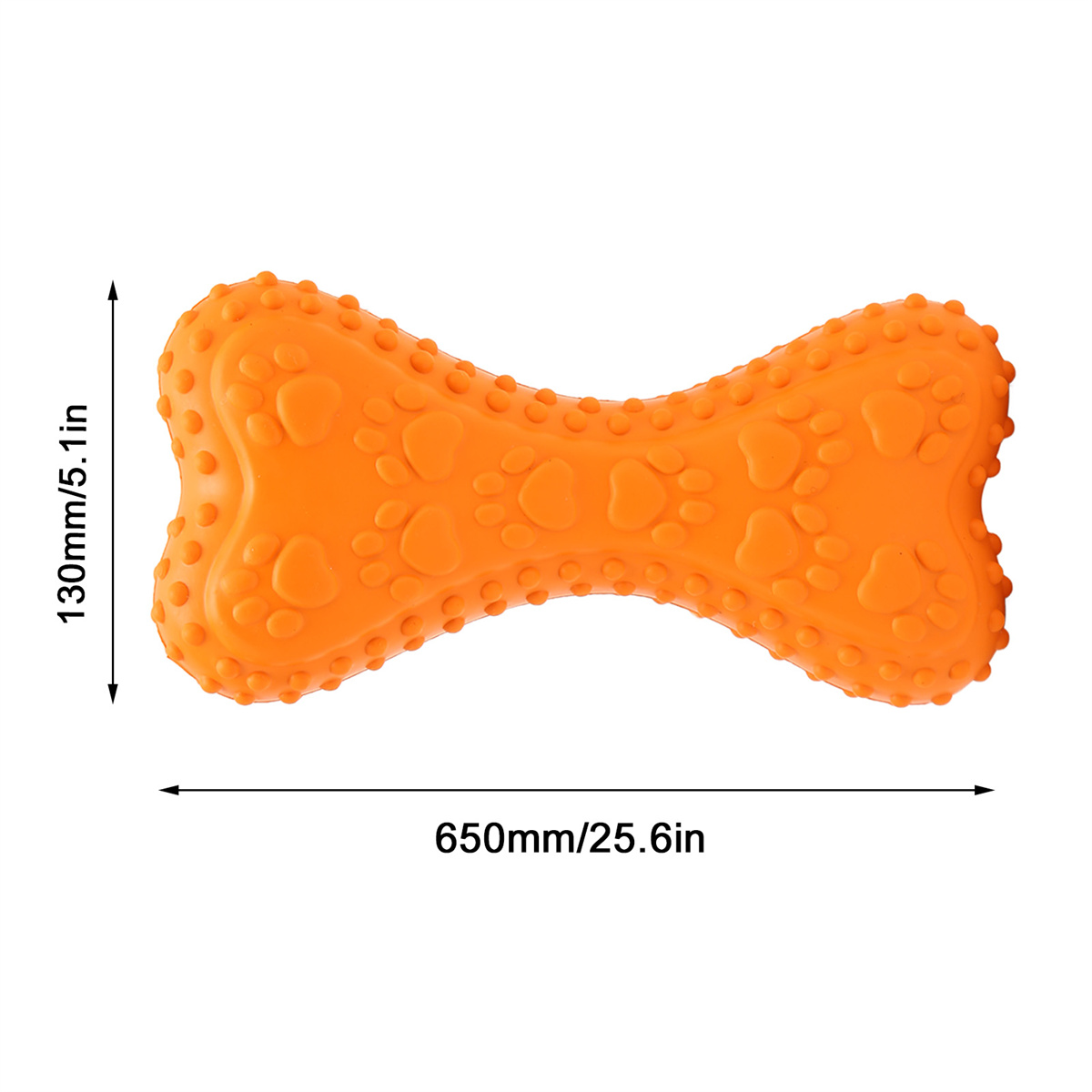 Ein orangefarbenes Hundespielzeug in Knochenform. Es hat Pfotenmuster und Messungen beschriftet.