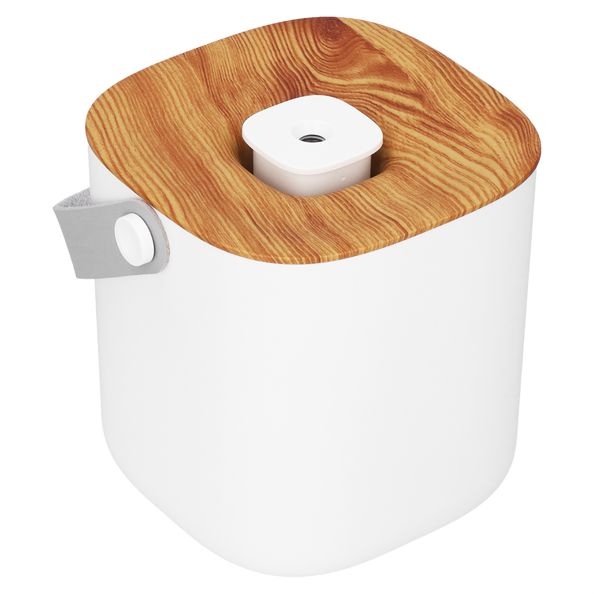 Weißer, quadratischer Luftbefeuchter mit Holzdeckel und grauem Griff.