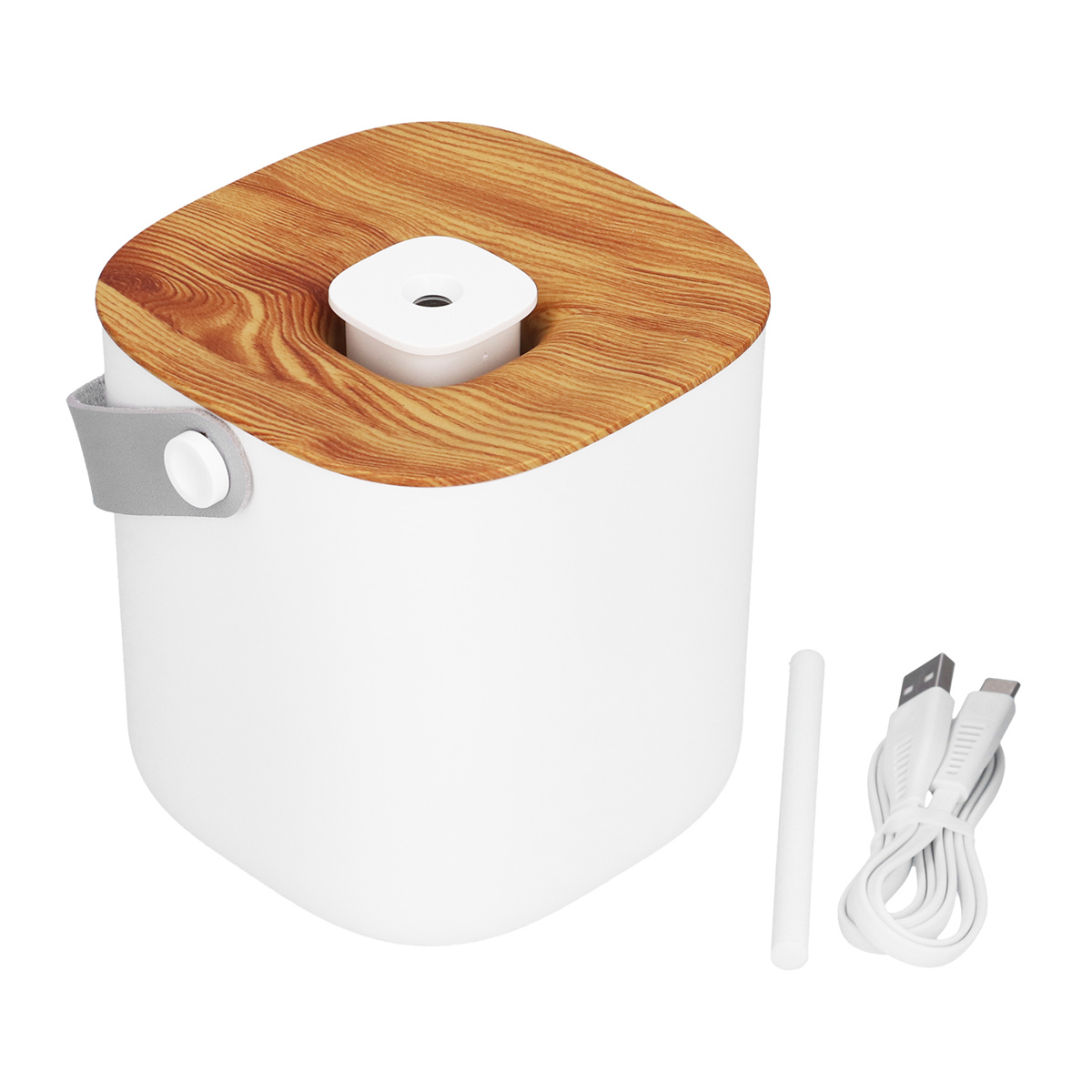 Ein weißer Luftbefeuchter mit Holzmaserungsoberseite und grauem Griff, mit weißem Kabel.