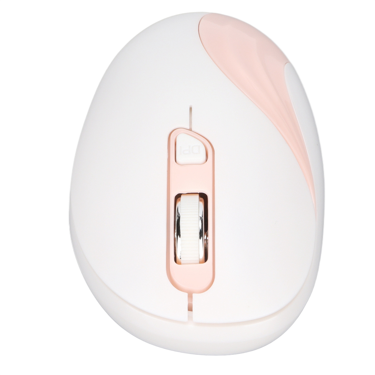Weiße und rosa Computermaus mit Scrollrad und DPI-Taste.
