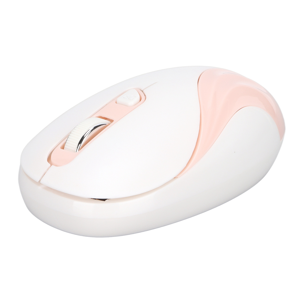 Weiße kabellose Maus mit rosa Akzent und Scrollrad, auf einer weißen Oberfläche.