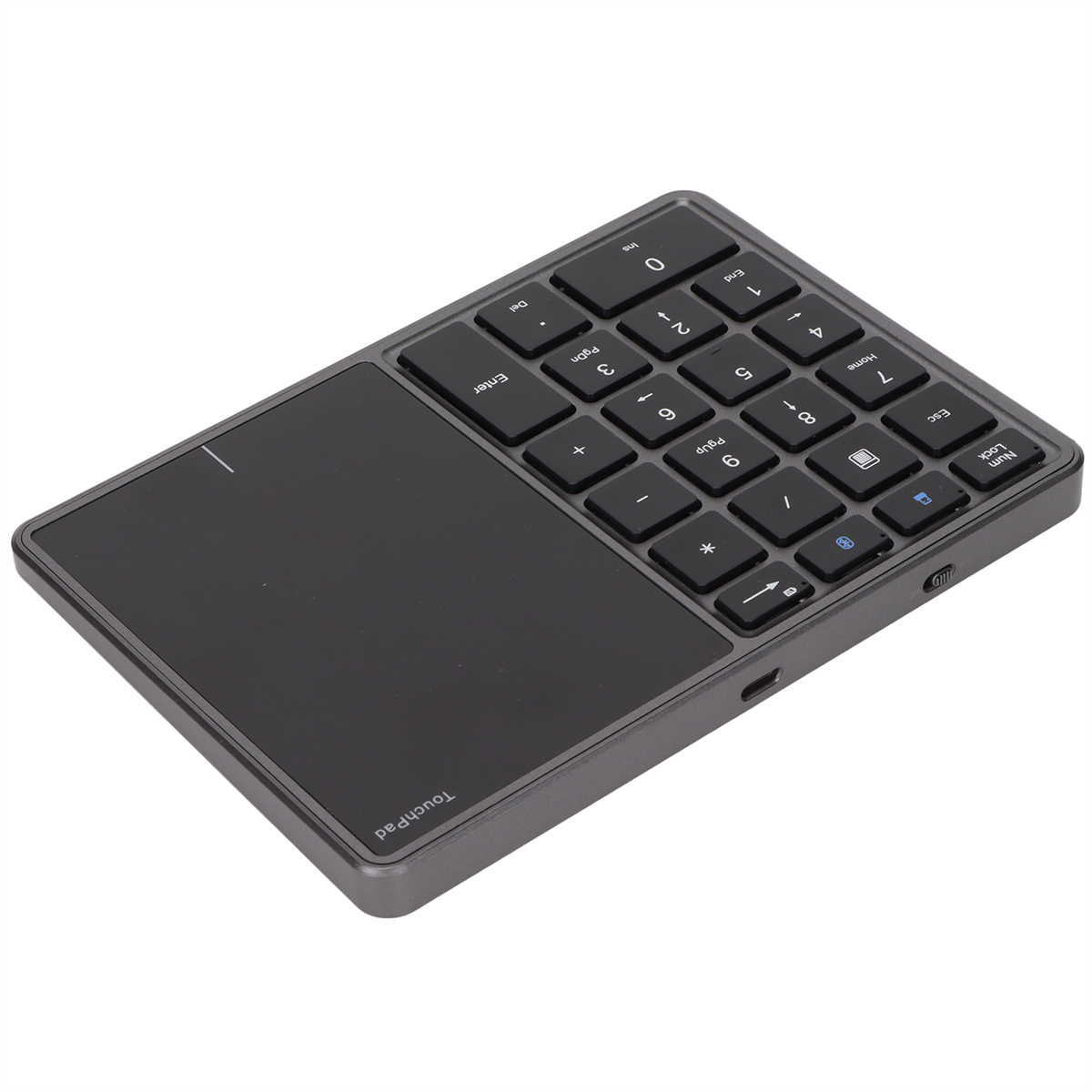 Grauer Ziffernblock mit Touchpad. Schwarze Tasten und Touchpad. Schräge Ansicht, weißer Hintergrund.