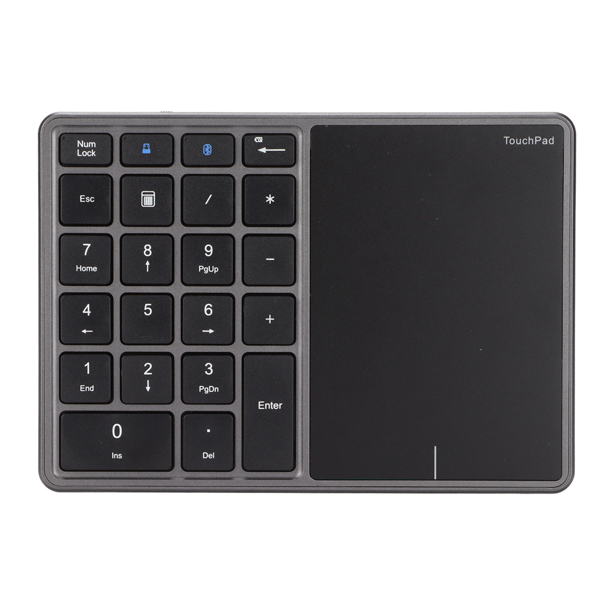 Ein grauer Ziffernblock mit Touchpad rechts und vielen schwarzen Tasten.