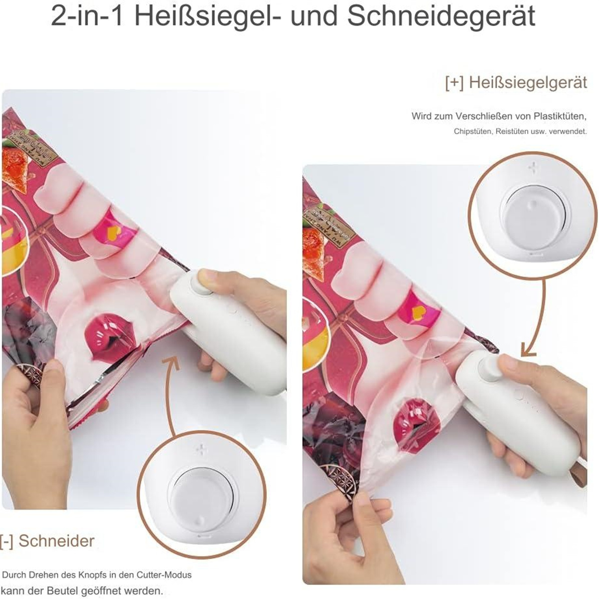 Zwei Hände, die ein weißes 2-in-1-Heißsiegel- und Schneidegerät benutzen, um einen Beutel zu versiegeln.