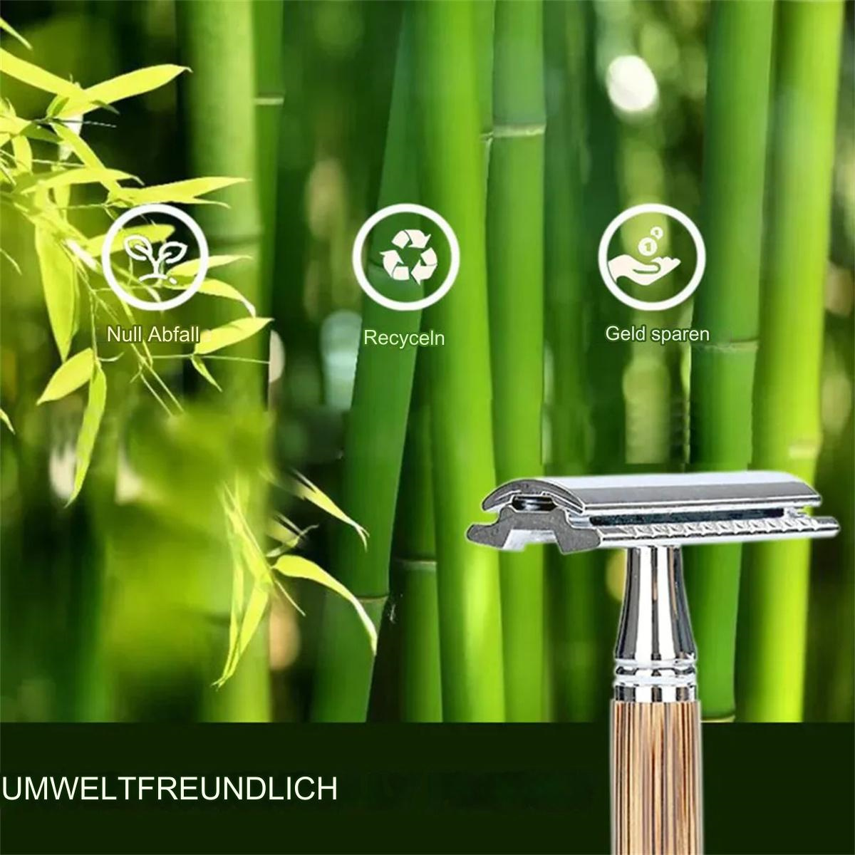 Ein Rasierhobel vor Bambus, mit Symbolen für Zero Waste, Recycling und Geld sparen.