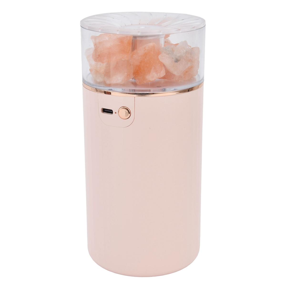 Ein rosa-weißes zylindrisches Gerät mit einem transparenten Deckel, der rosafarbene Salzkristalle enthält.