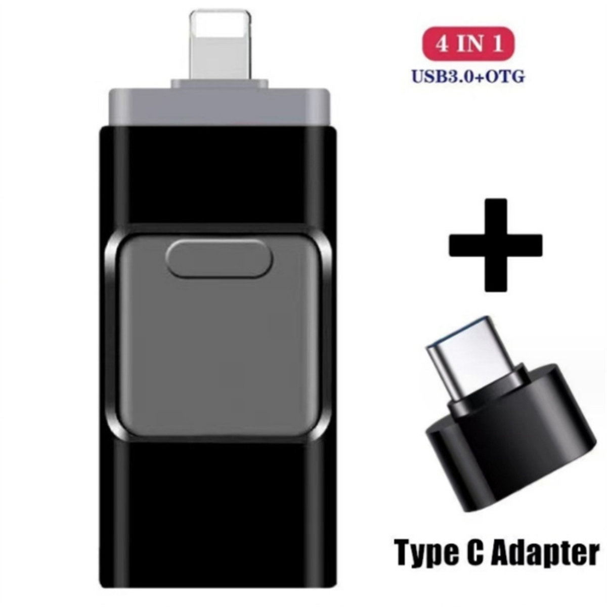Ein schwarzer USB-Adapter mit einem Typ-C-Adapter und einem Pluszeichen. Weißer Hintergrund.