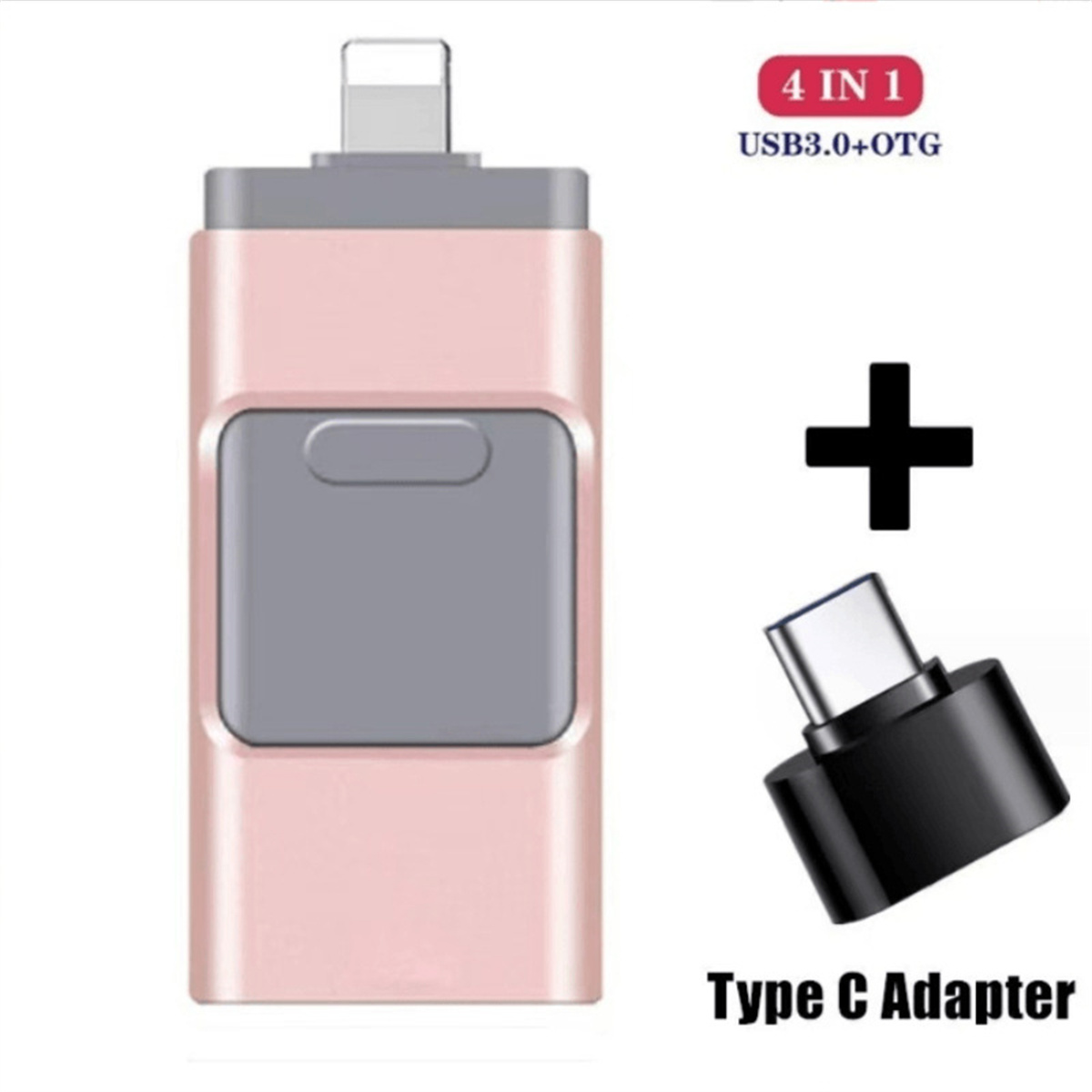 Ein rosa USB-Laufwerk mit einem grauen Knopf und einem Typ-C-Adapter.