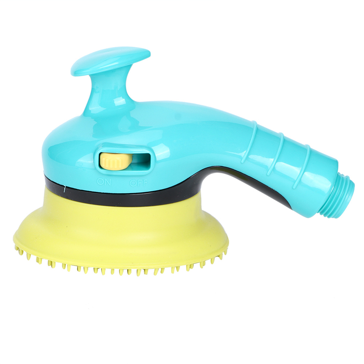 Eine blau-gelbe Reinigungsbürste mit einem 'EIN/AUS'-Schalter. Die Basis ist gelb, der Griff blau.