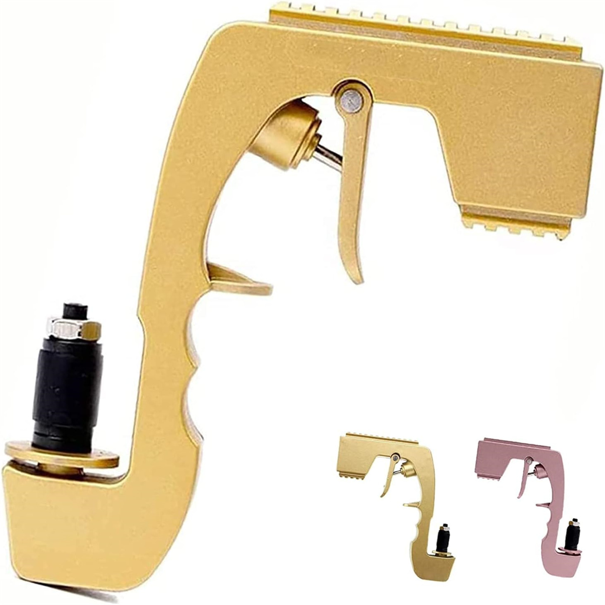 Goldfarbene Klebepistole mit mehreren kleinen Versionen. Die Pistole hat einen Abzug und eine Düse.