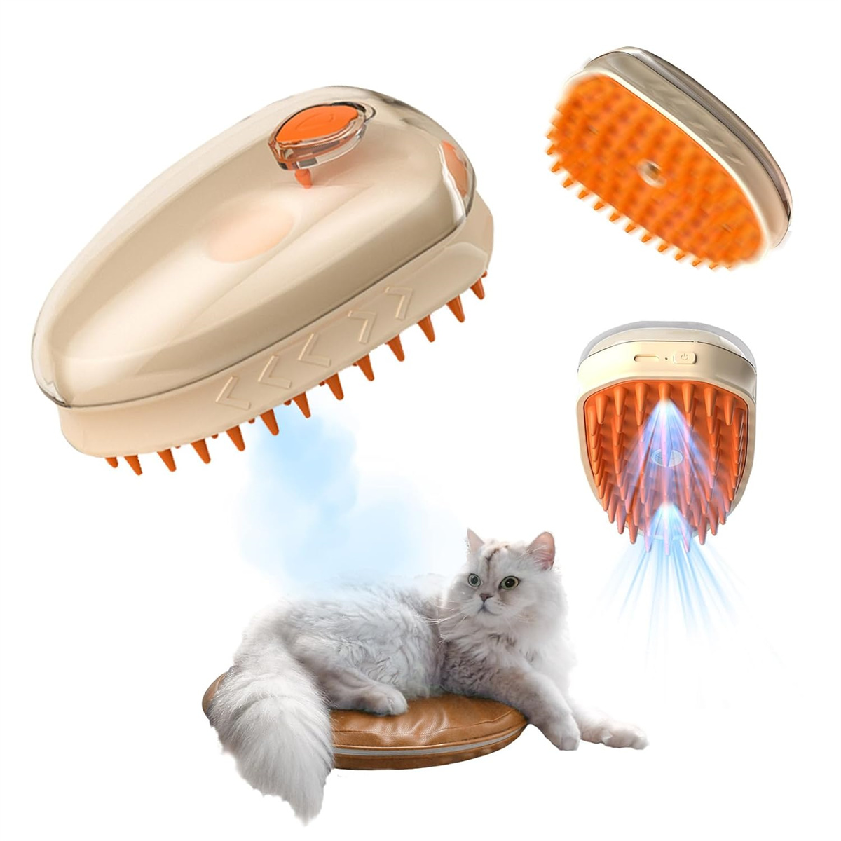 Katzenpflege-Werkzeug mit orangefarbenen Borsten, eine Katze liegt auf einem Kissen und Wasserdampf.