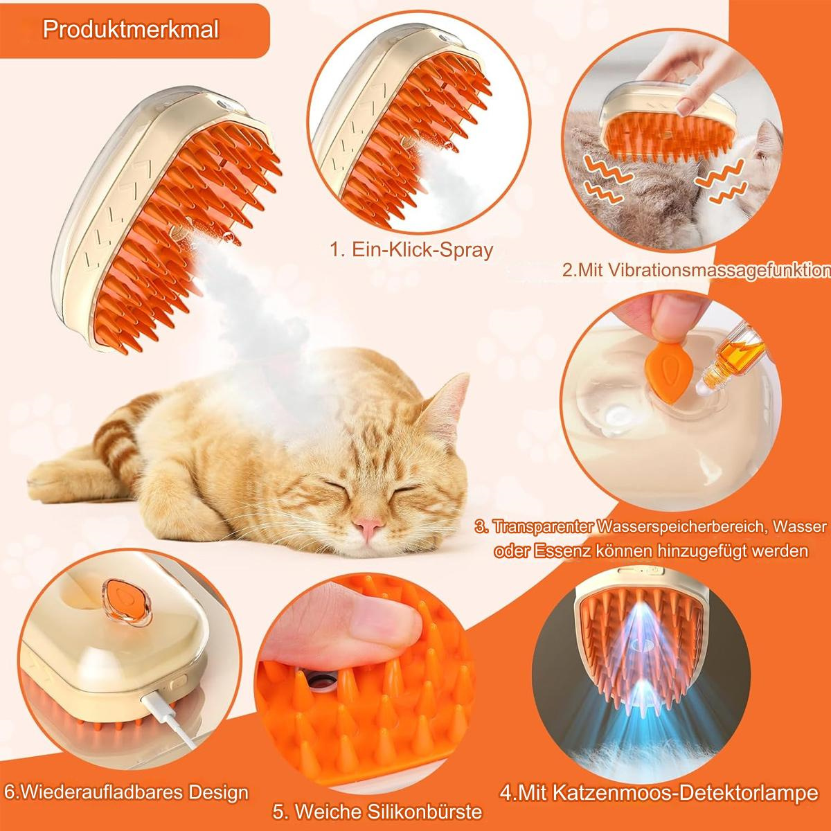 Eine Katze wird mit einer Bürste gepflegt. Anweisungen zeigen Sprühen, Massage, Wasserzugabe und eine Detektorlampe.