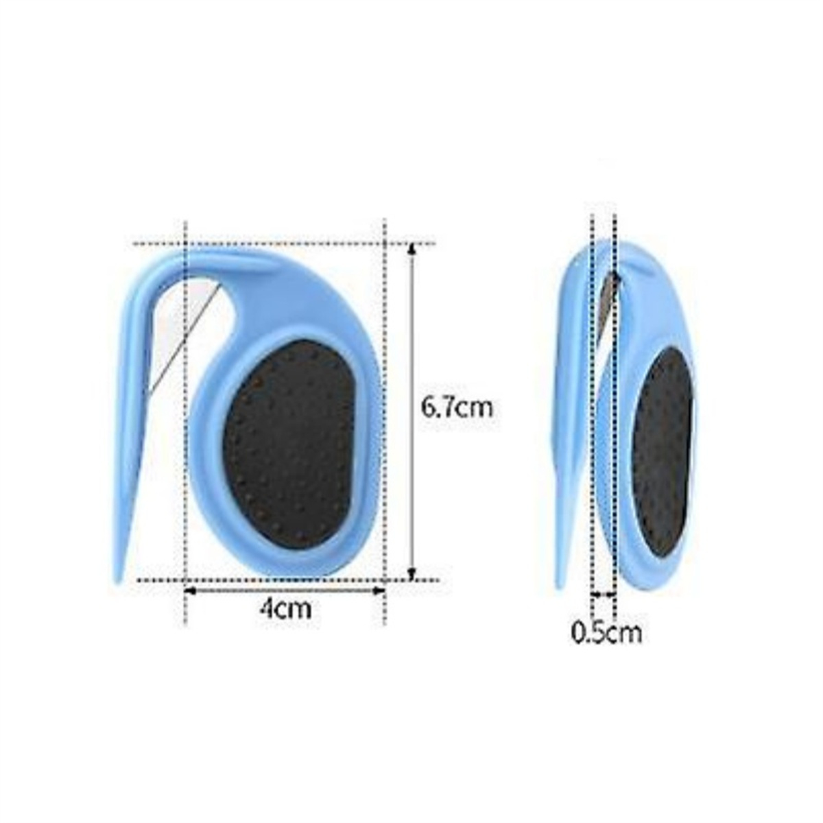 Zwei blaue Nasenerweiterer. Eine Seitenansicht, eine Draufsicht. Abmessungen sind 4cm x 6,7cm x 0,5cm.
