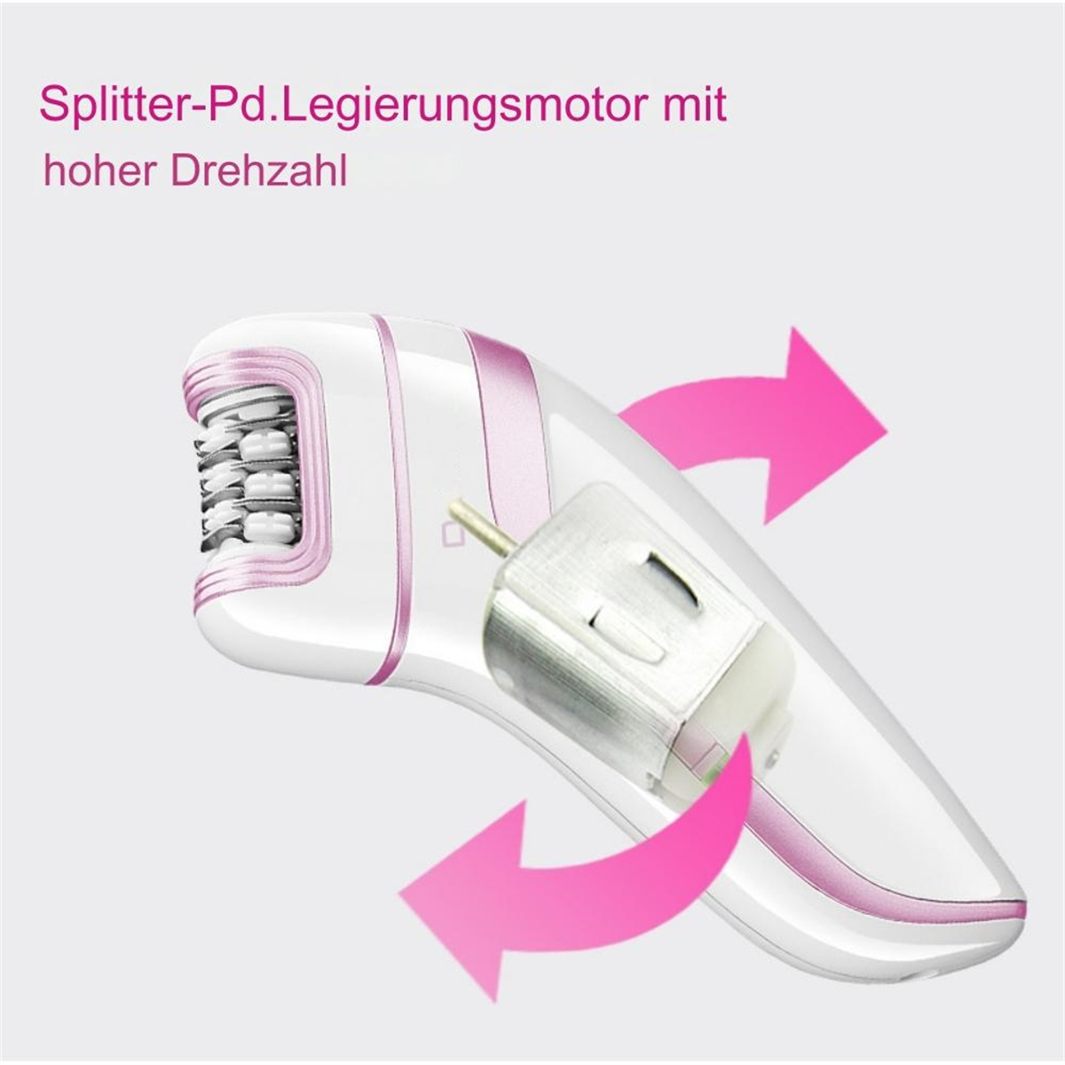 Ein weißer und rosa elektrischer Rasierer mit Motordiagramm. Der Hintergrund ist hellrosa mit rosa Pfeilen.