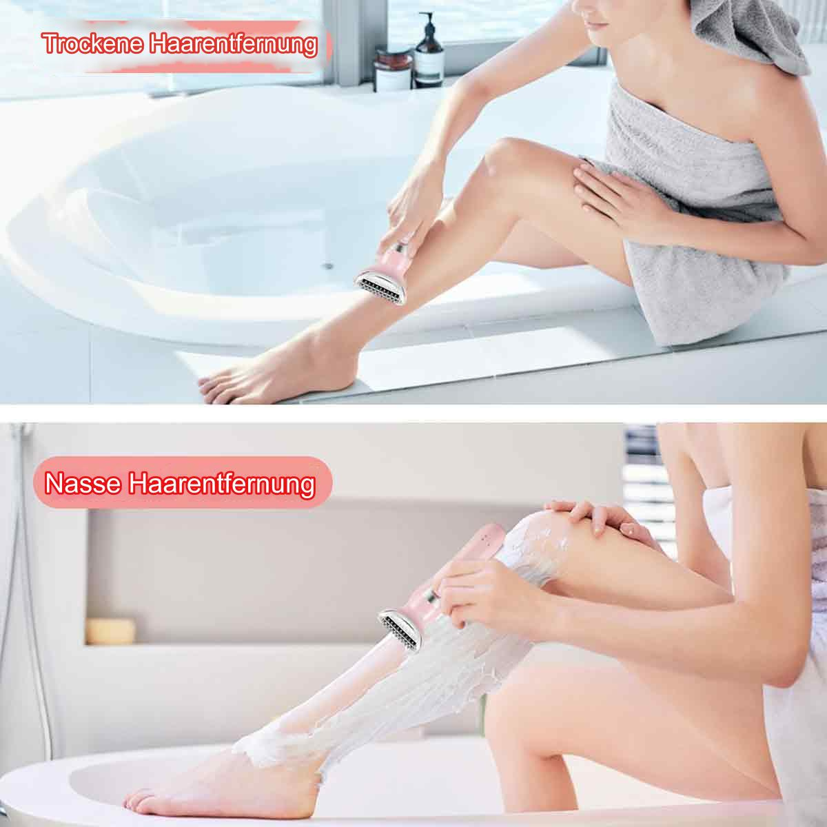Zwei Bilder vom Rasieren der Beine: Trockenrasur, Nassrasur. Frau im Badezimmer.