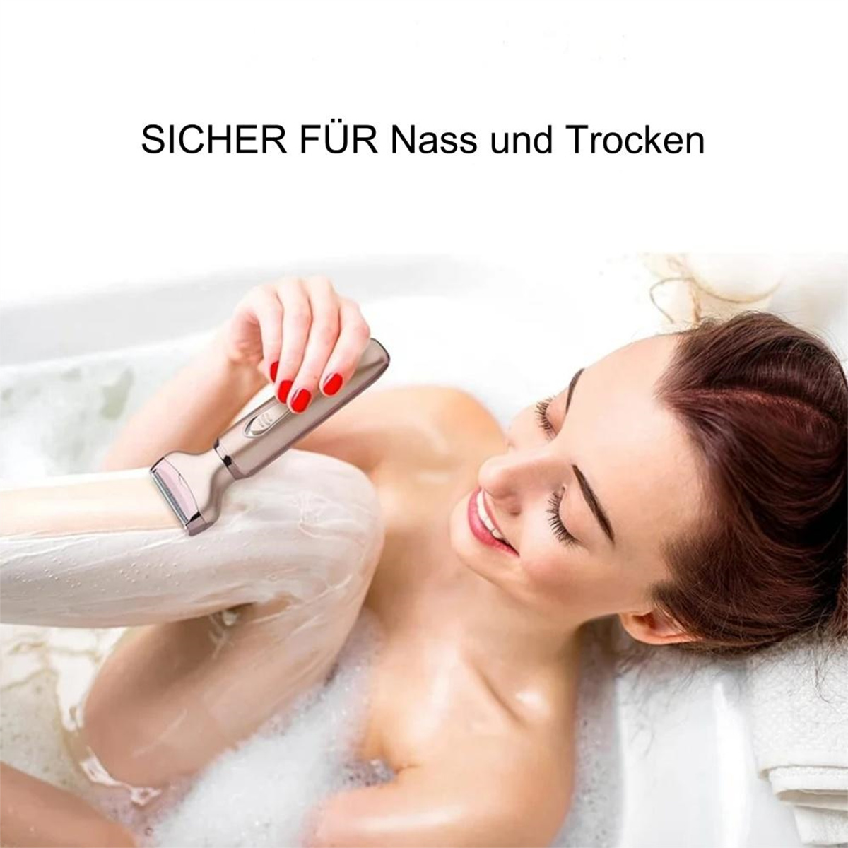 Frau rasiert Bein in Badewanne mit elektrischem Rasierer. Text auf dem Bild: "sicher für nass und trocken".