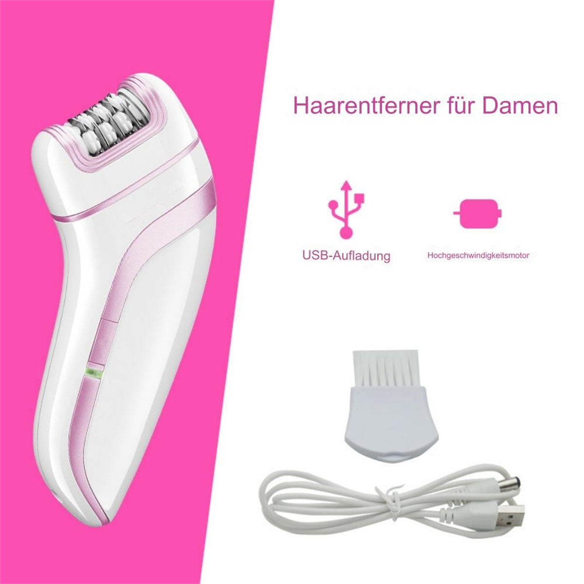 Ein weißer und rosa Epilierer mit Zubehör und einem USB-Ladegerät.